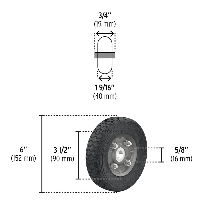Rueda de hule sólido imponchable 6", un balero, PRETUL