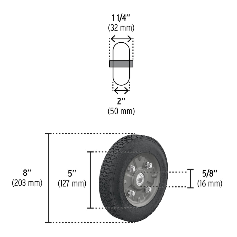 Rueda de hule sólido imponchable 8", doble balero, PRETUL