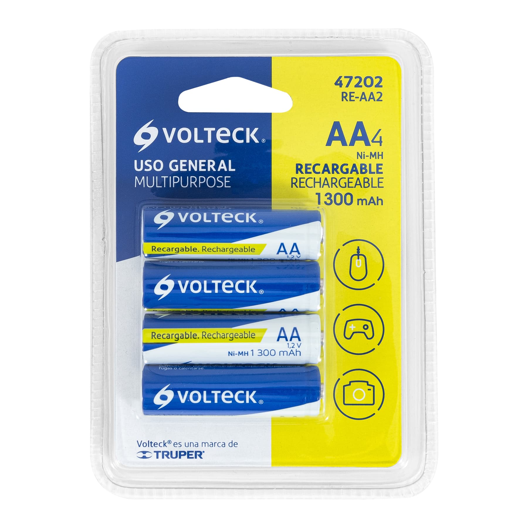 Pilas recargables, uso general, AA, 1,300 mAh, 4 piezas