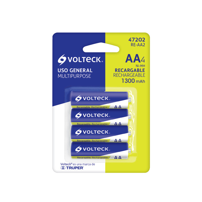 Pilas recargables, uso general, AA, 1,300 mAh, 4 piezas