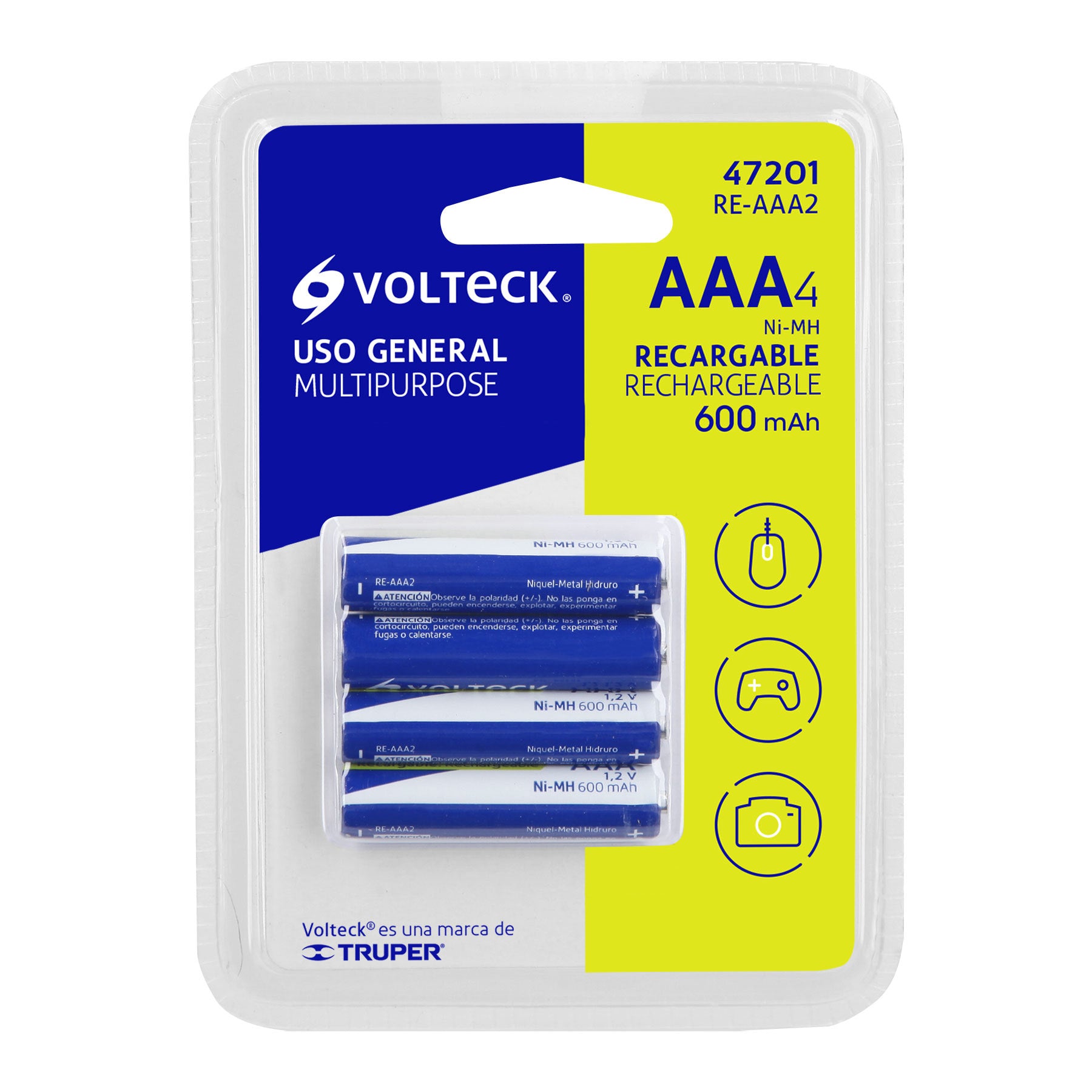 Pilas recargables, uso general, AAA, 600 mAh, 4 piezas