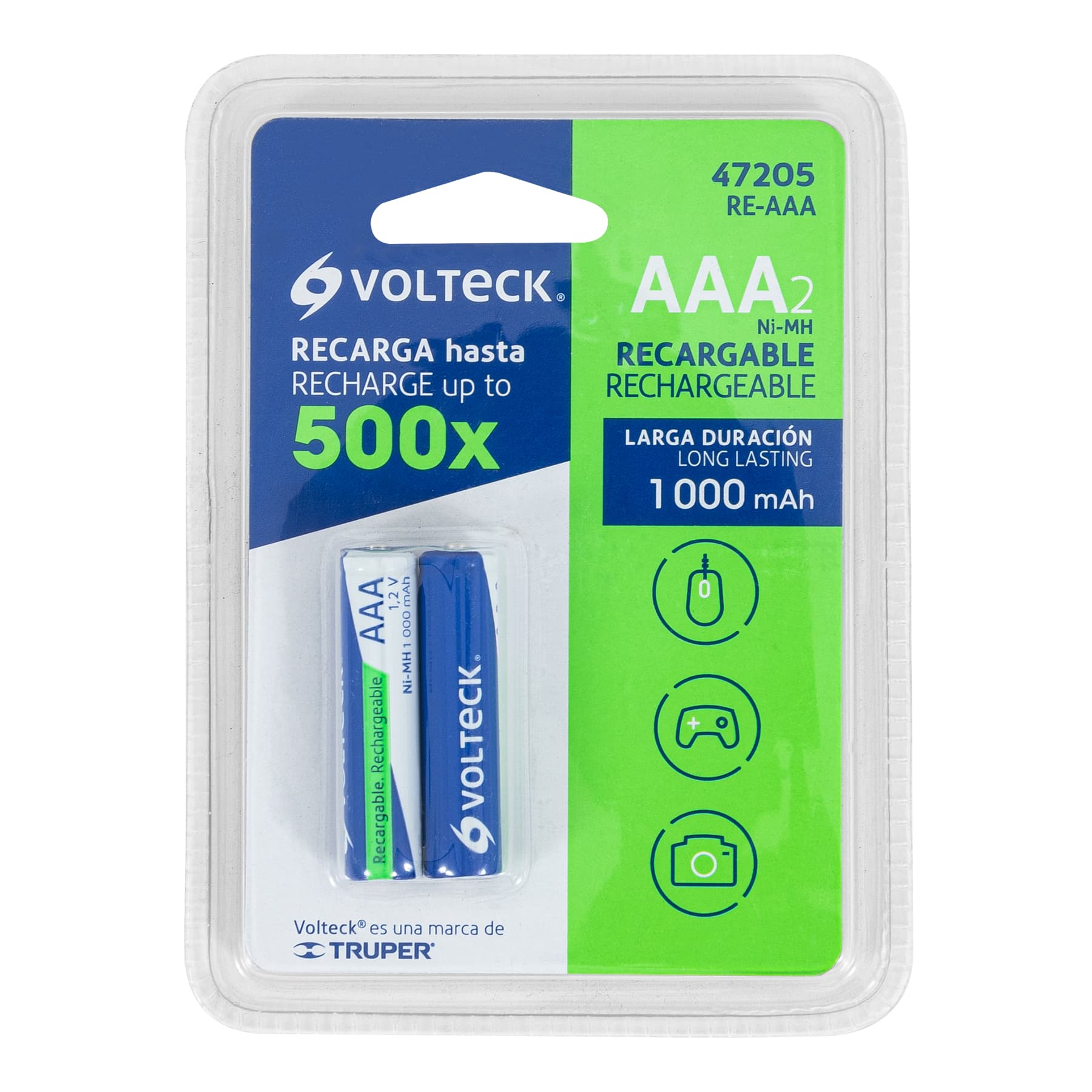 Pilas recargables, larga duración, AAA, 1,000 mAh, 2 piezas