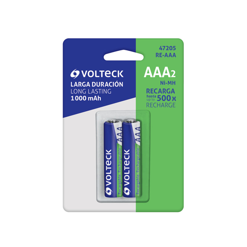 Pilas recargables, larga duración, AAA, 1,000 mAh, 2 piezas