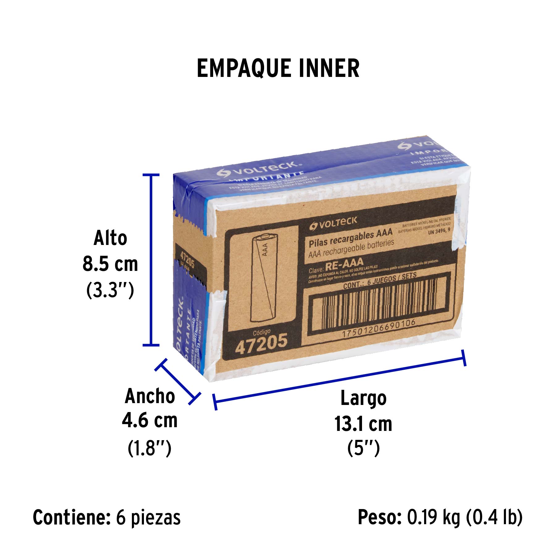 Pilas recargables, larga duración, AAA, 1,000 mAh, 2 piezas