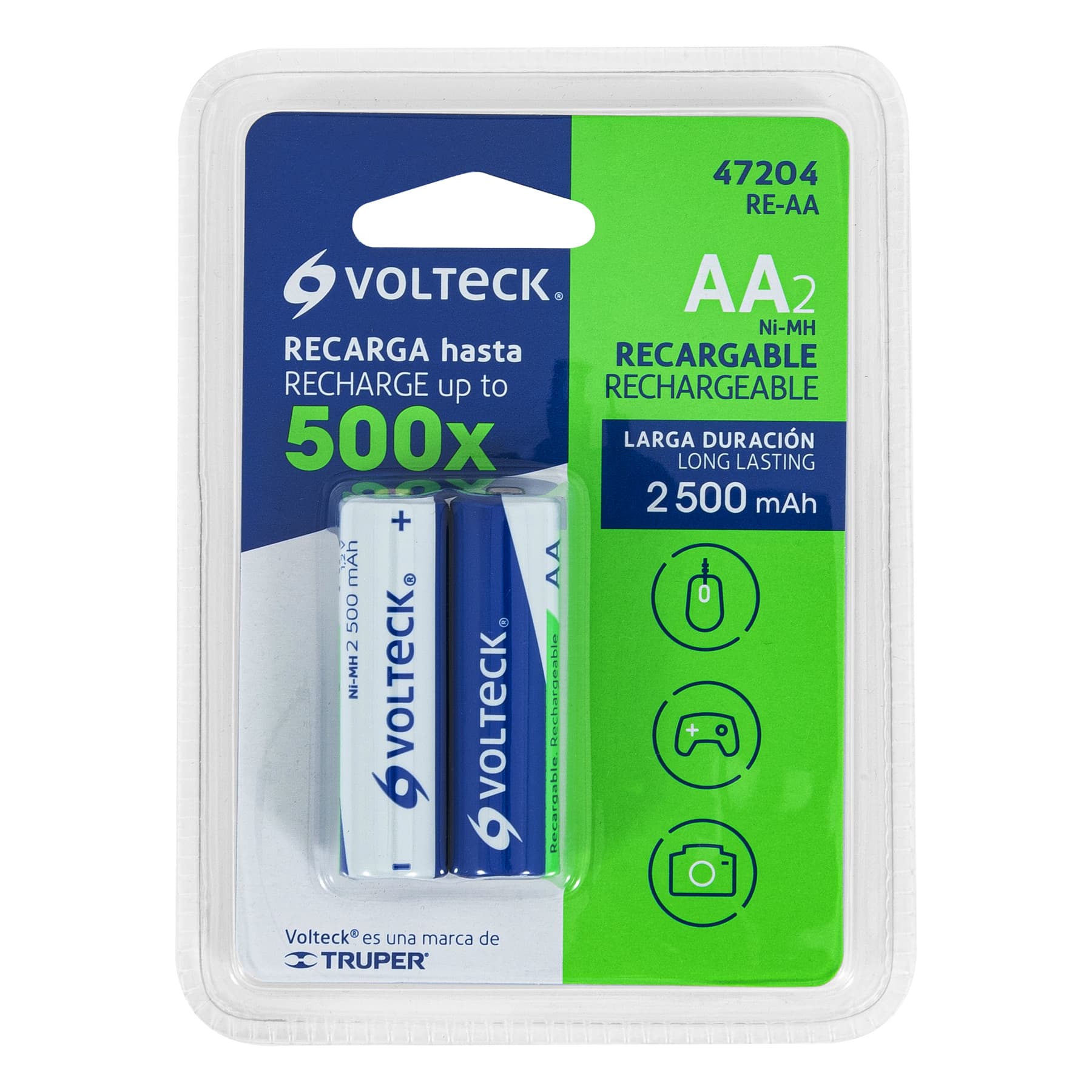 Pilas recargables, larga duración, AA, 2,500 mAh, 2 piezas