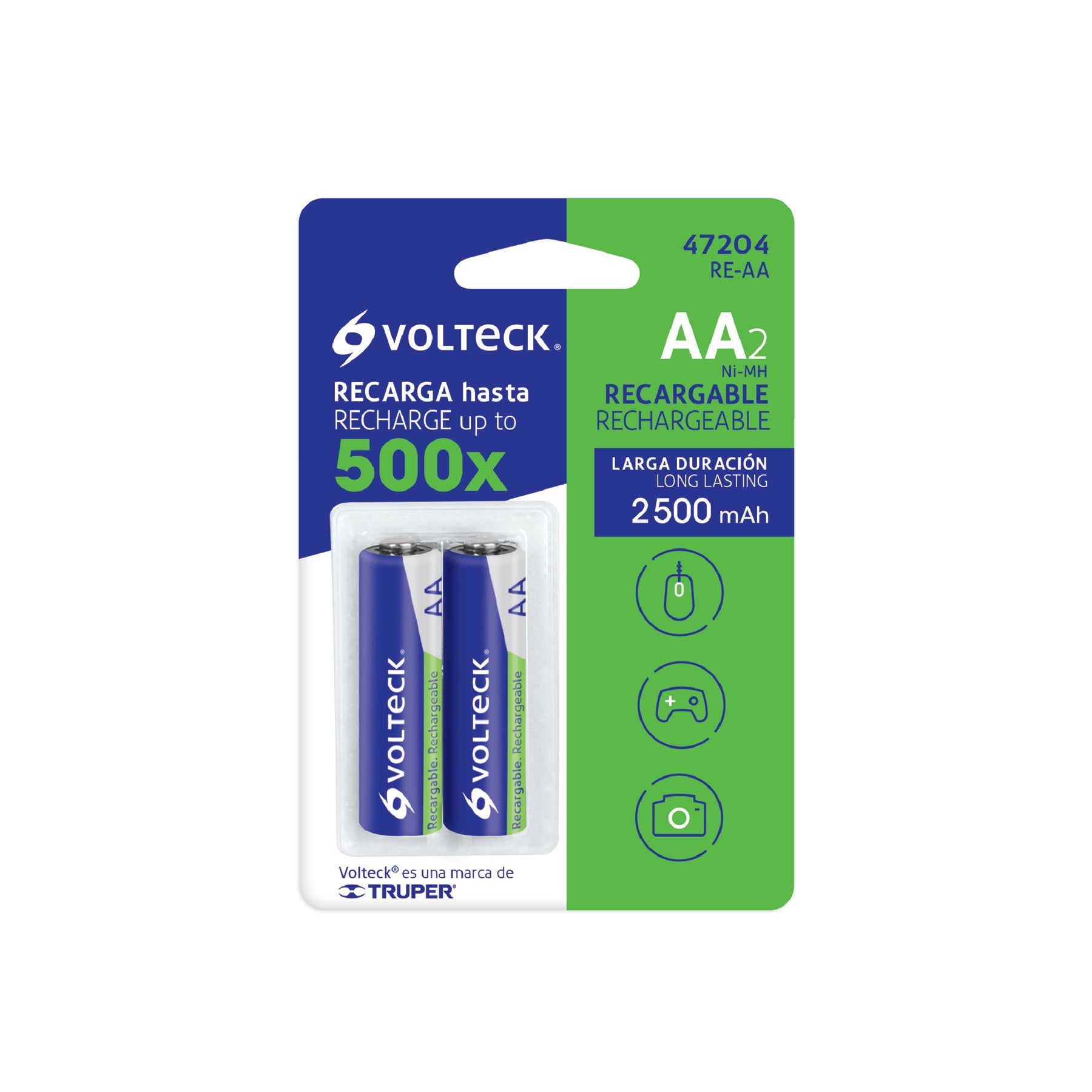 Pilas recargables, larga duración, AA, 2,500 mAh, 2 piezas