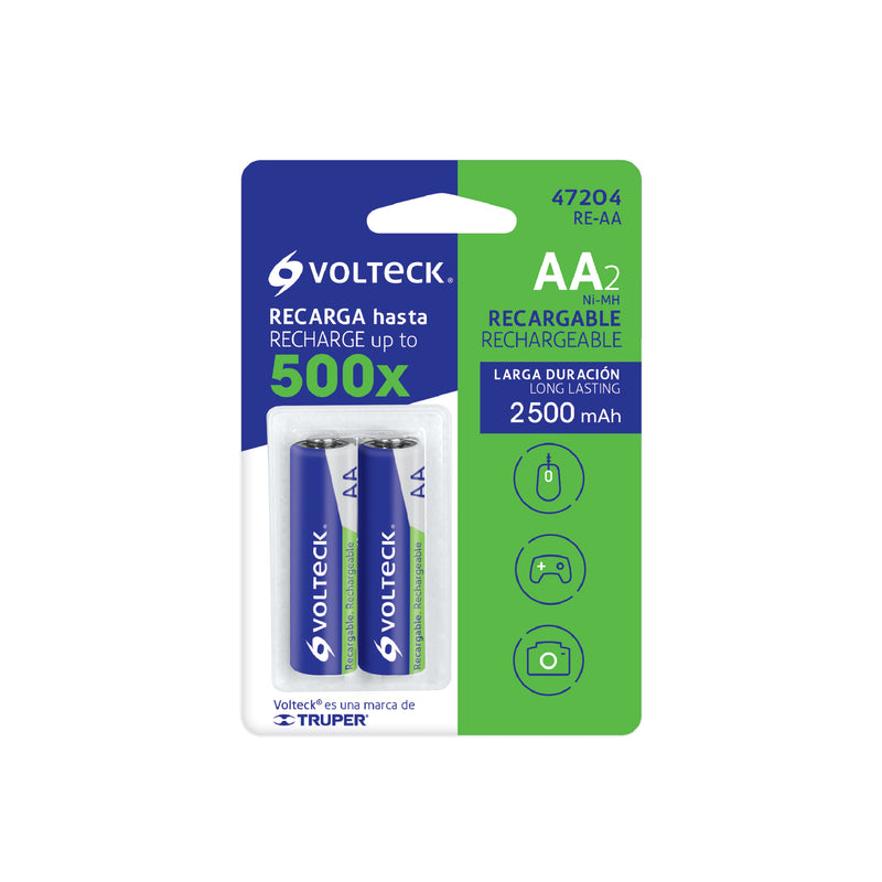 Pilas recargables, larga duración, AA, 2,500 mAh, 2 piezas