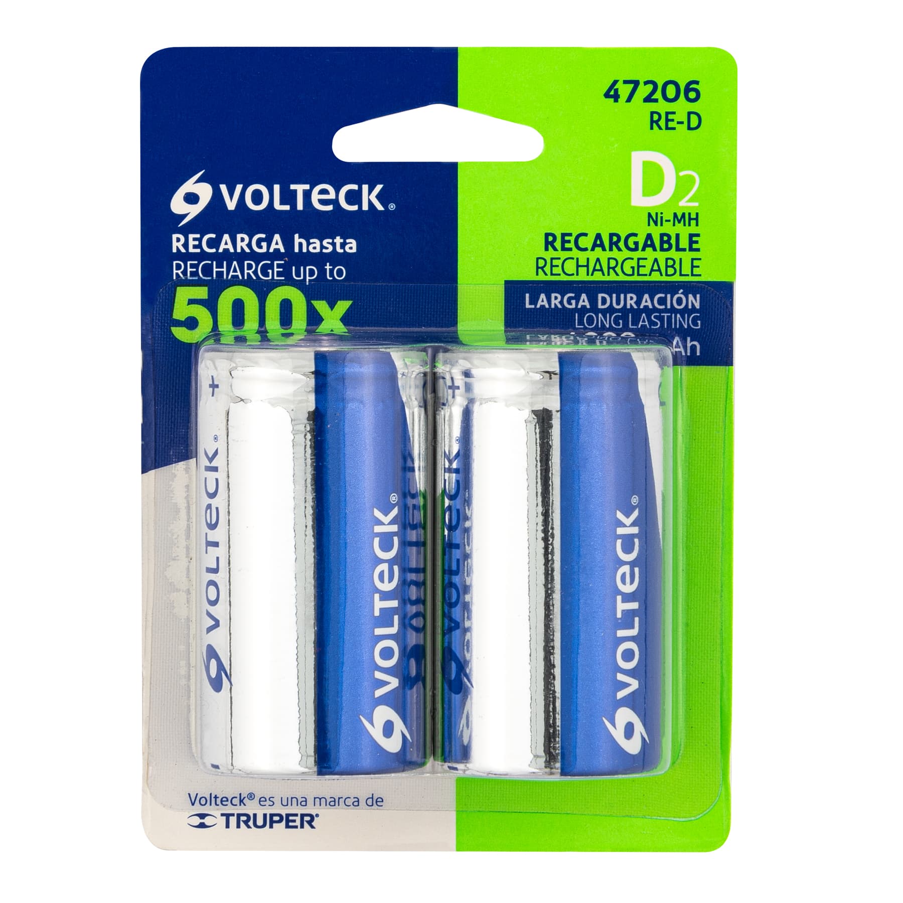 Pilas recargables, larga duración, D, 4,000 mAh, 2 piezas