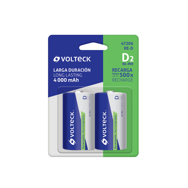 Pilas recargables, larga duración, D, 4,000 mAh, 2 piezas