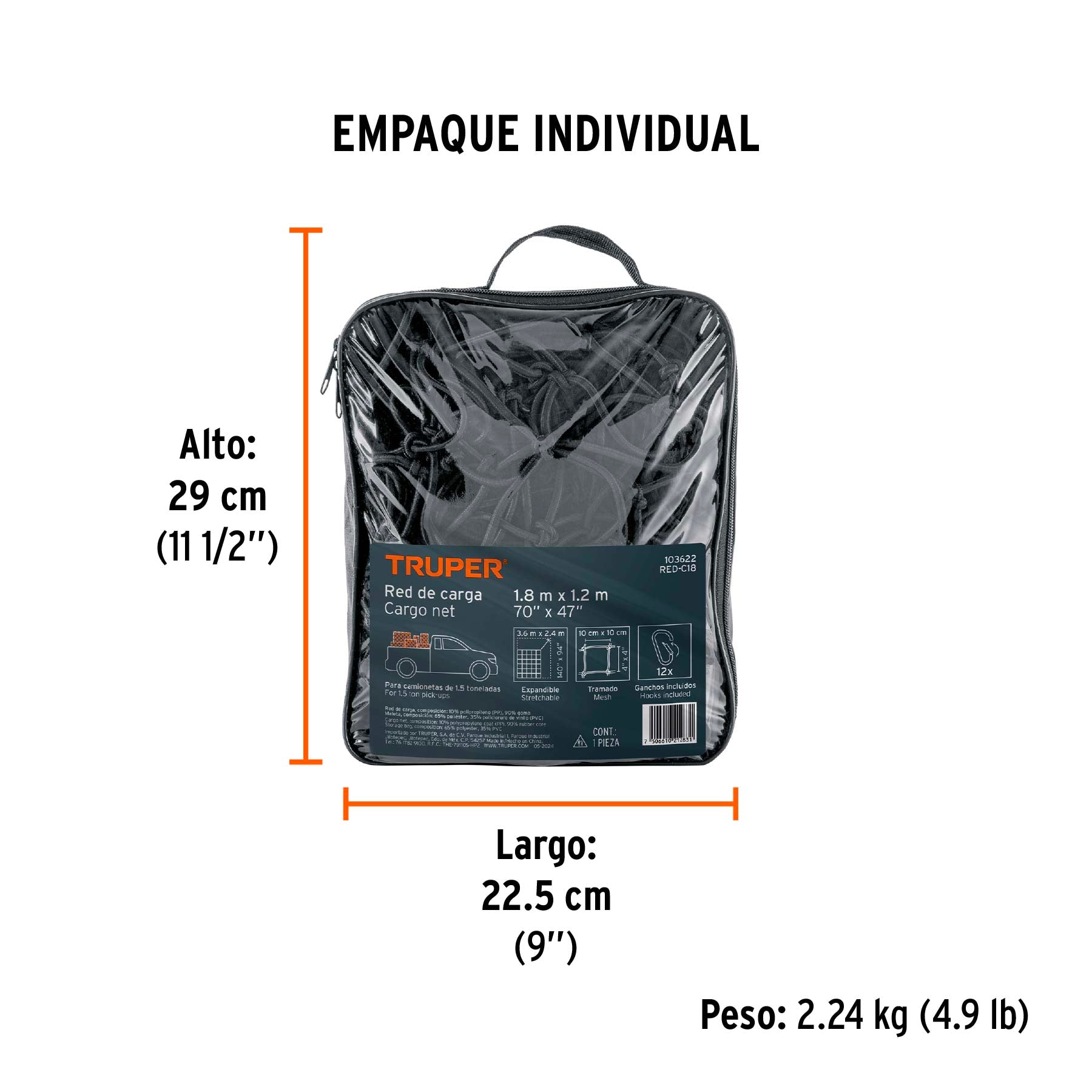 Red de carga 1.80 m x 1.20 m para camioneta, 1.5 Ton, Truper