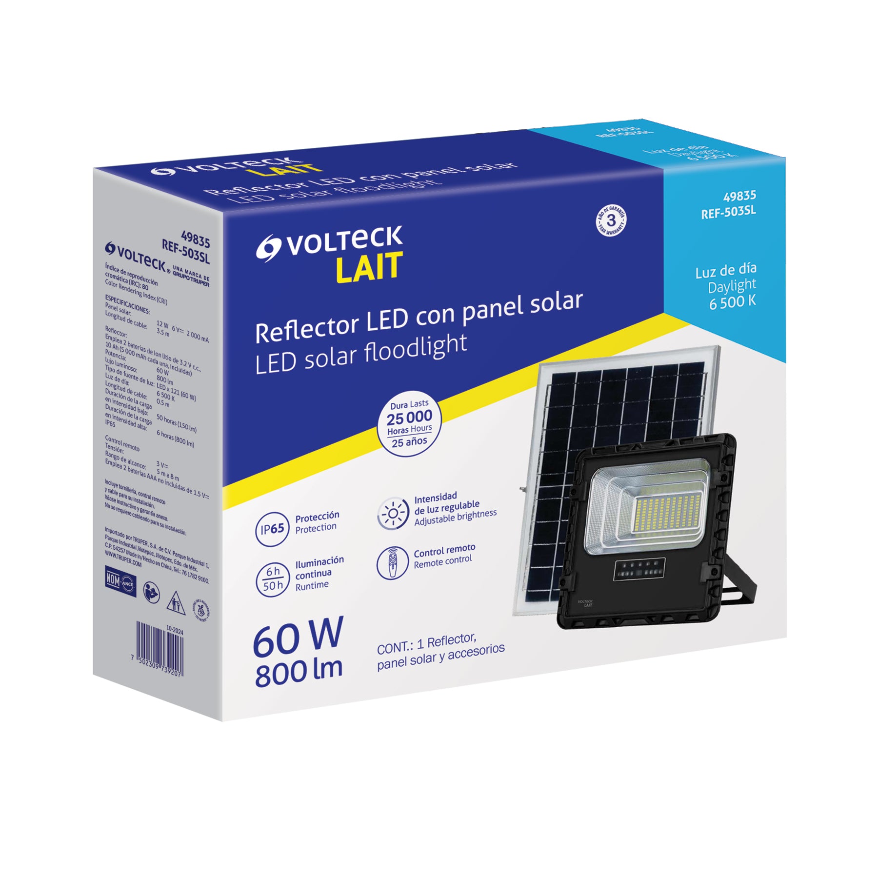 Reflector Led 60 W con panel solar, luz de día, Volteck