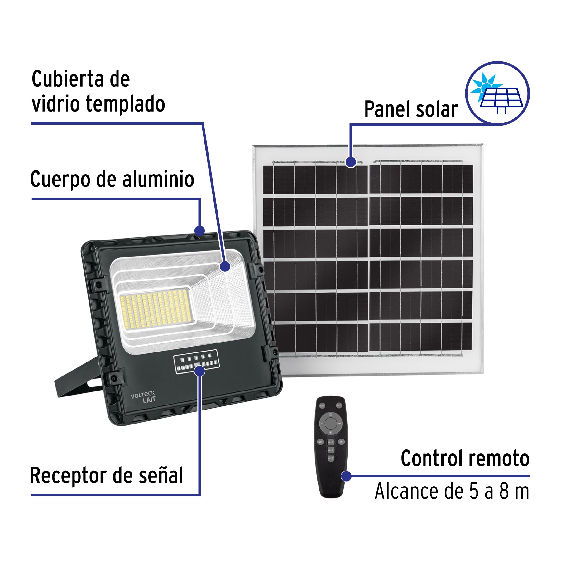 Reflector Led 100 W con panel solar, luz de día, Volteck
