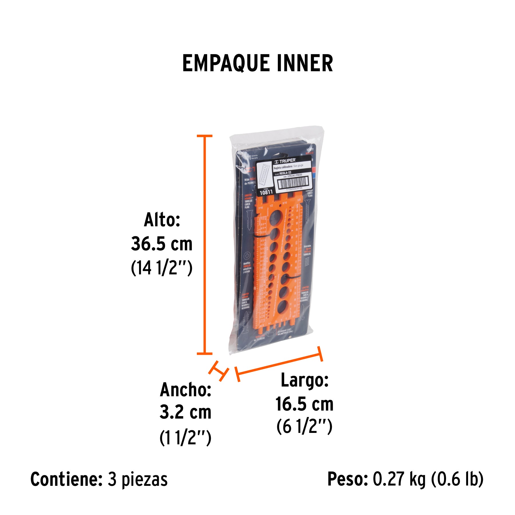 Regleta calibradora de tuercas y tornillos, 22 cm