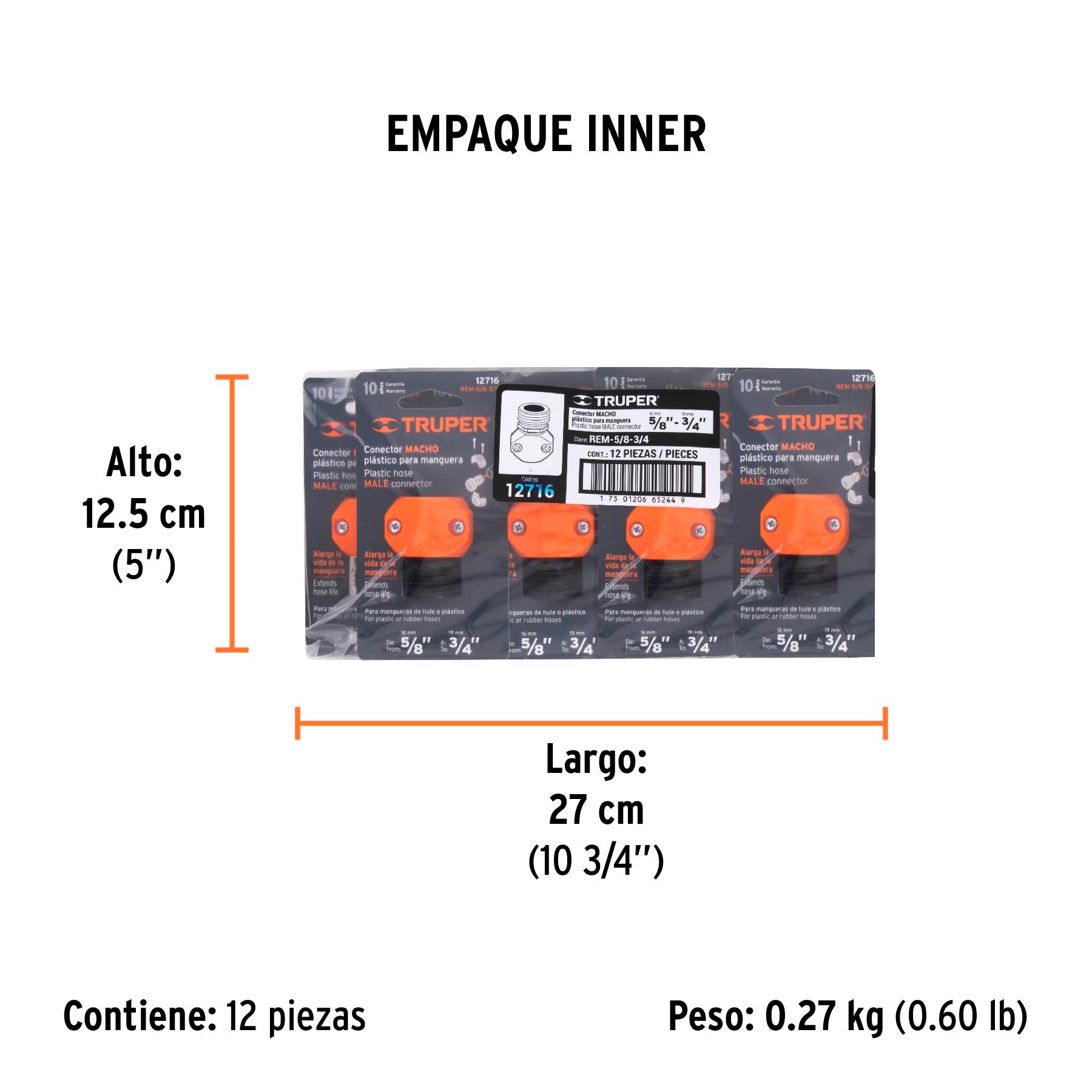 Conector plástico, macho 5/8"-3/4"