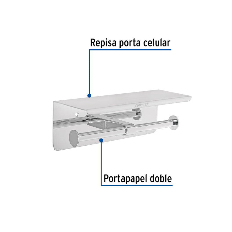 Porta rollo doble con soporte para celular, cromo, Riviera