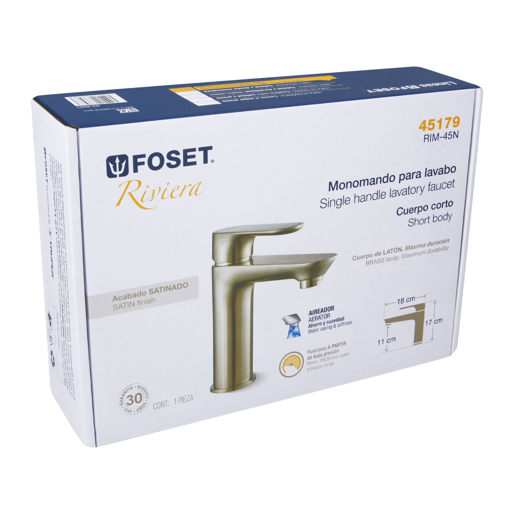 Monomando corto para lavabo, satin, Riviera
