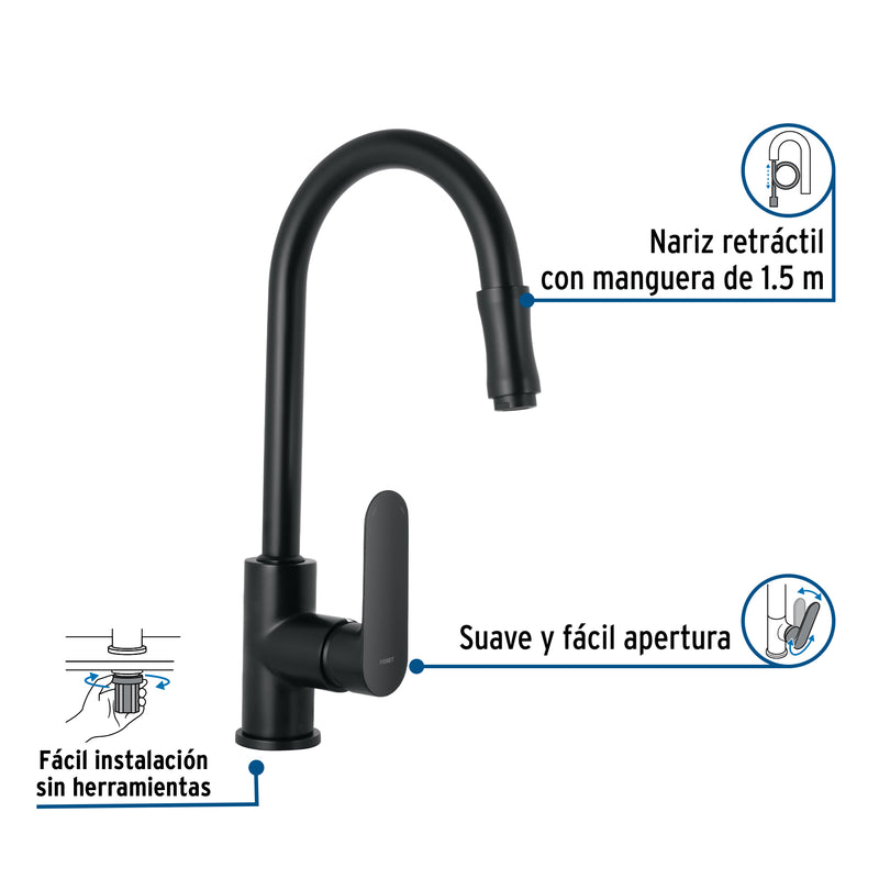 Monomando retráctil para fregadero, negro, FOSET RIVIERA