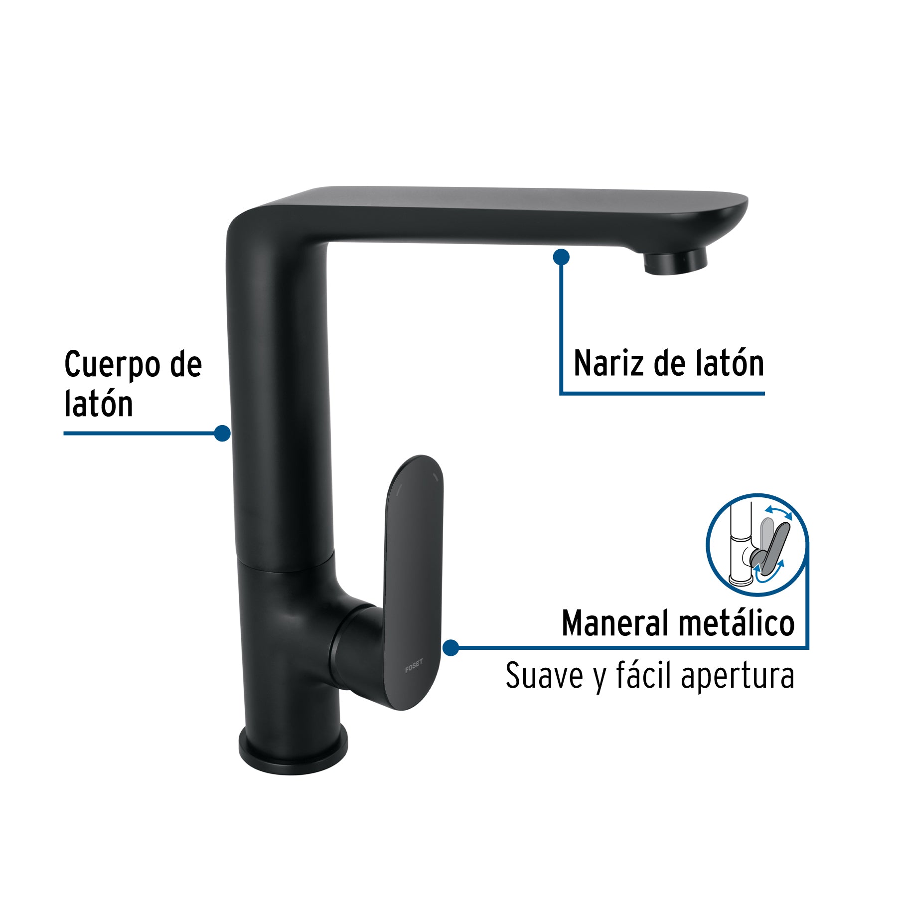Monomando cuello alto para fregadero, negro, FOSET RIVIERA