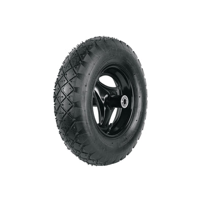Llanta reforzada,16"con rin,eje, baleros p/carretilla, Pretu