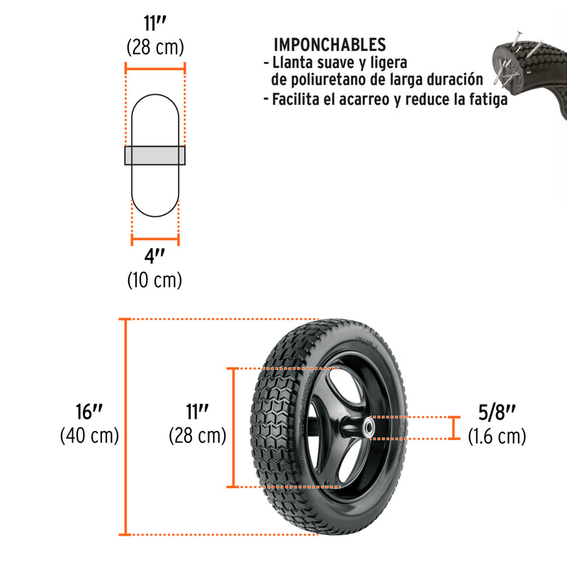 Llanta imponchable,16" con rin,eje y baleros para carretilla