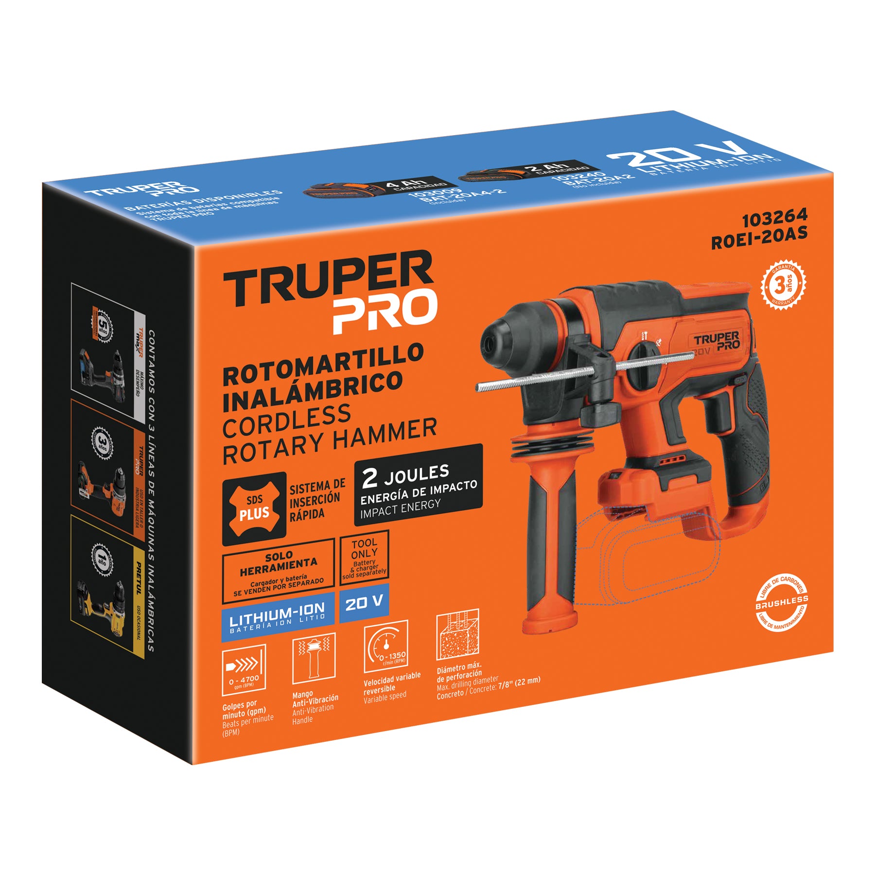 Rotomartillo SDS Plus inal., 20V, s/accesorios, TRUPER PRO