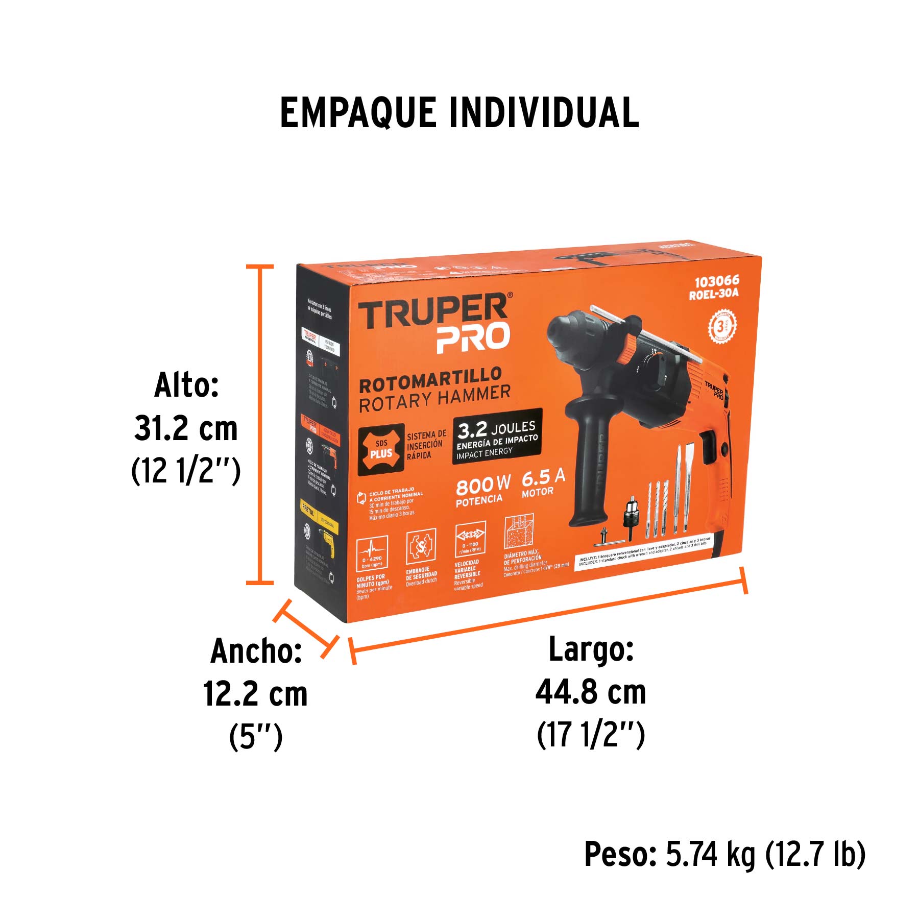 Rotomartillo SDS Plus 3 Joules, 800W, TRUPER PRO