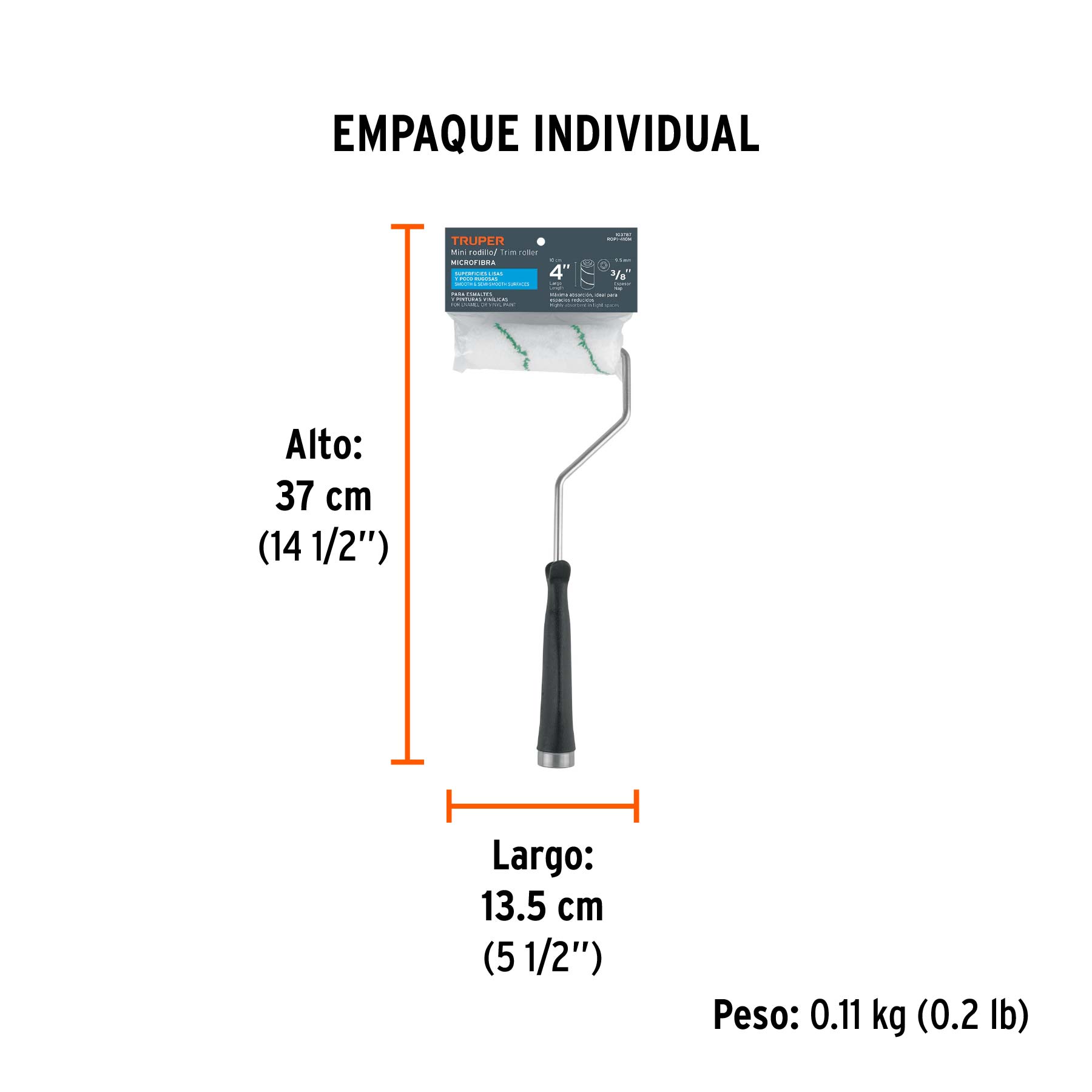 Mini rodillo para pintar 4' x 3/8' de microfibra, TRUPER