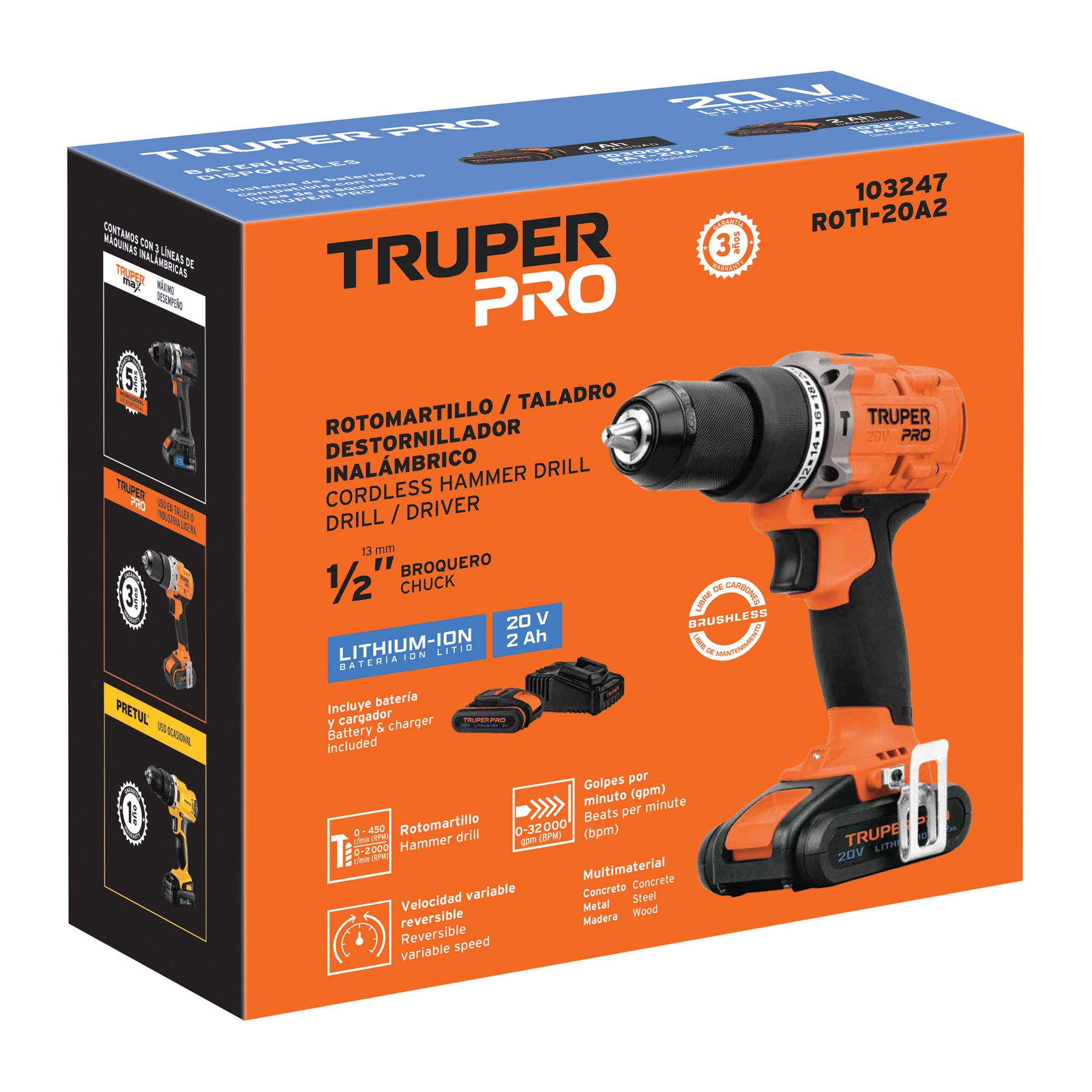 Rotomartillo inal. 1/2', 20V, 1 bat. 2Ah, 1 carg. TRUPER PRO