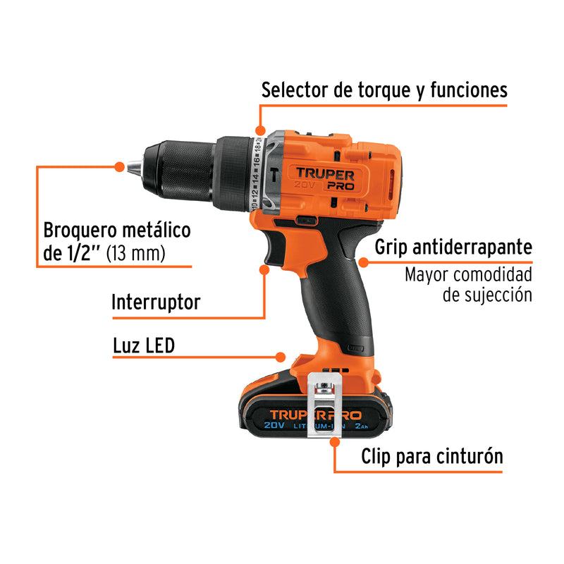 Rotomartillo inal. 1/2', 20V, 1 bat. 2Ah, 1 carg. TRUPER PRO