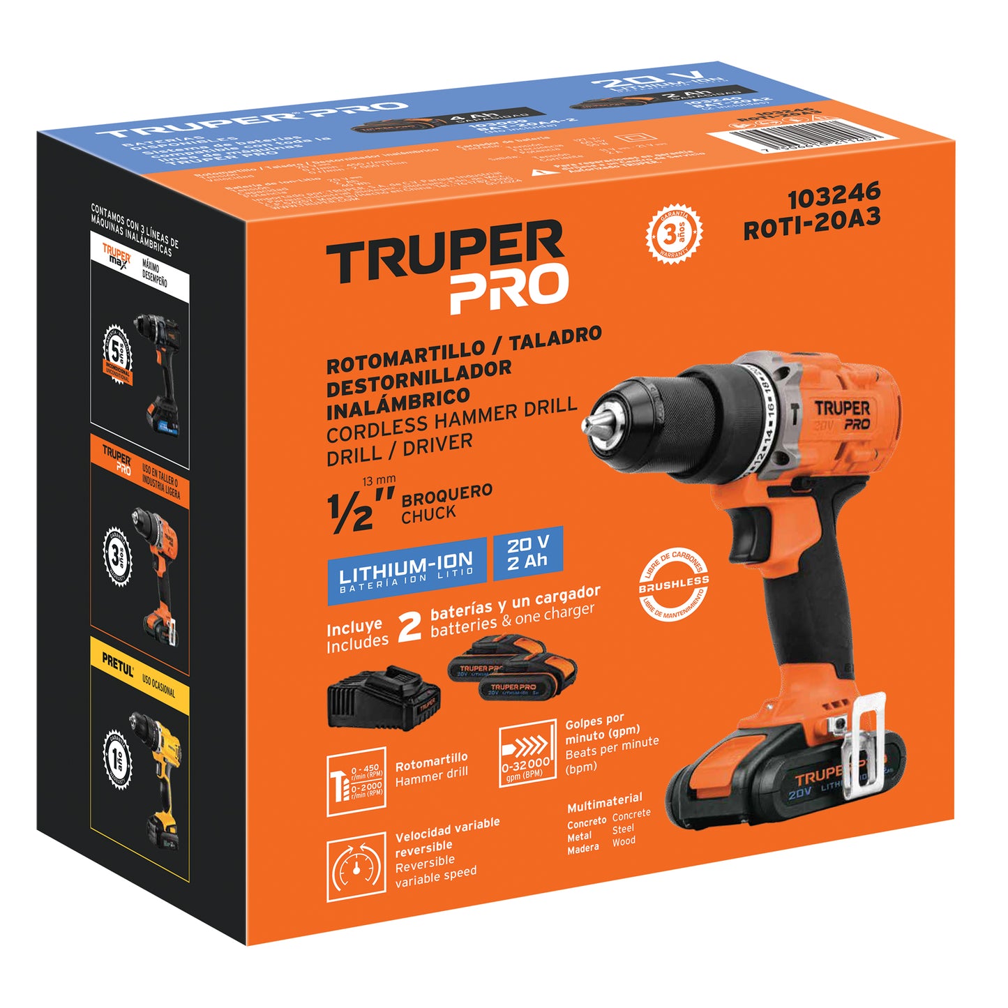 Rotomartillo inal. 1/2', 20V, 2 bat. 2Ah, 1 carg. TRUPER PRO