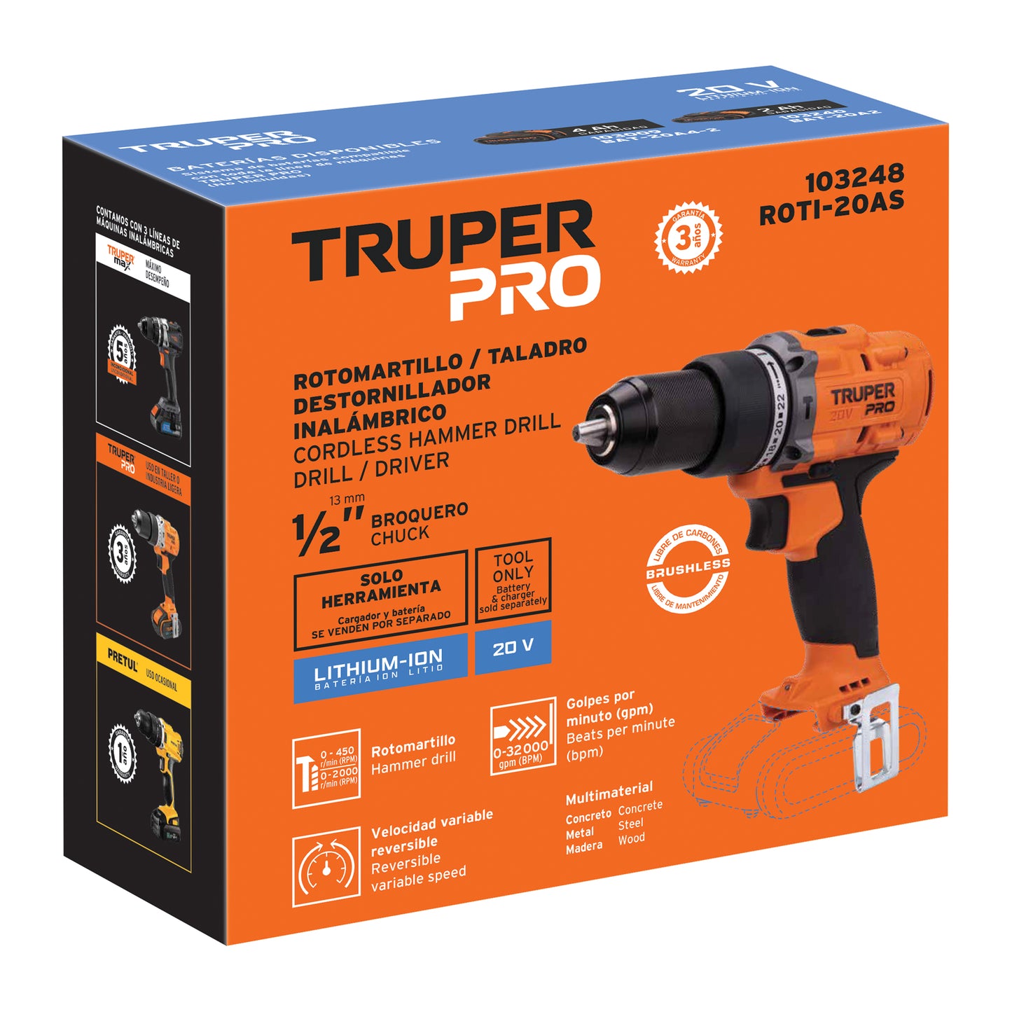 Rotomartillo inal. 1/2', 20V, s/accesorios,TRUPER PRO