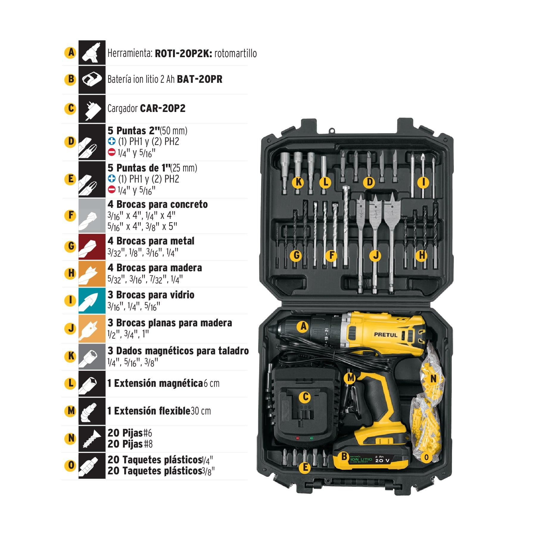 Kit rotomartillo inalámbrico 1/2' 20V y 32 accesorios Pretul