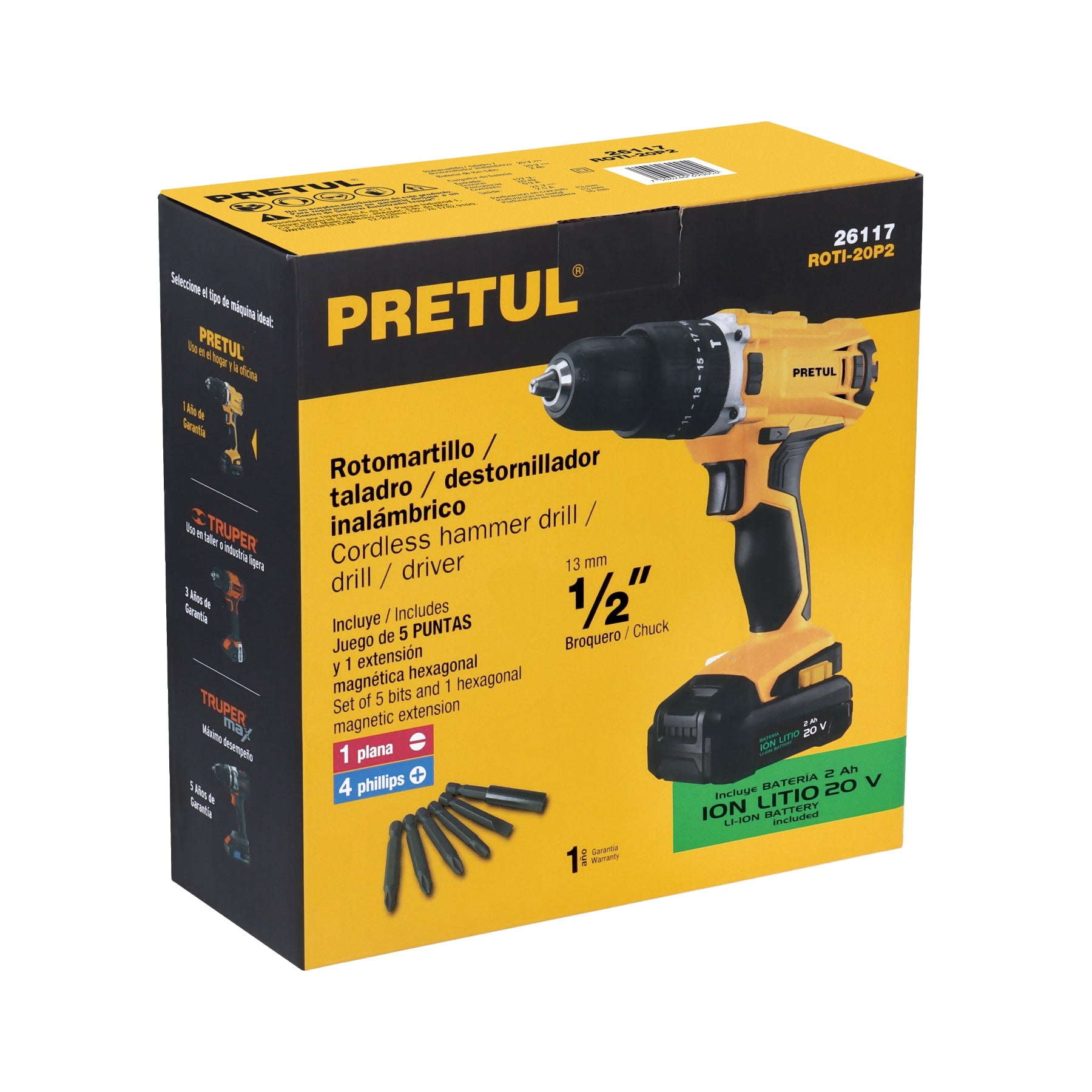 Rotomartillo inalámbrico 1/2',batería ion litio 20V,Pretul