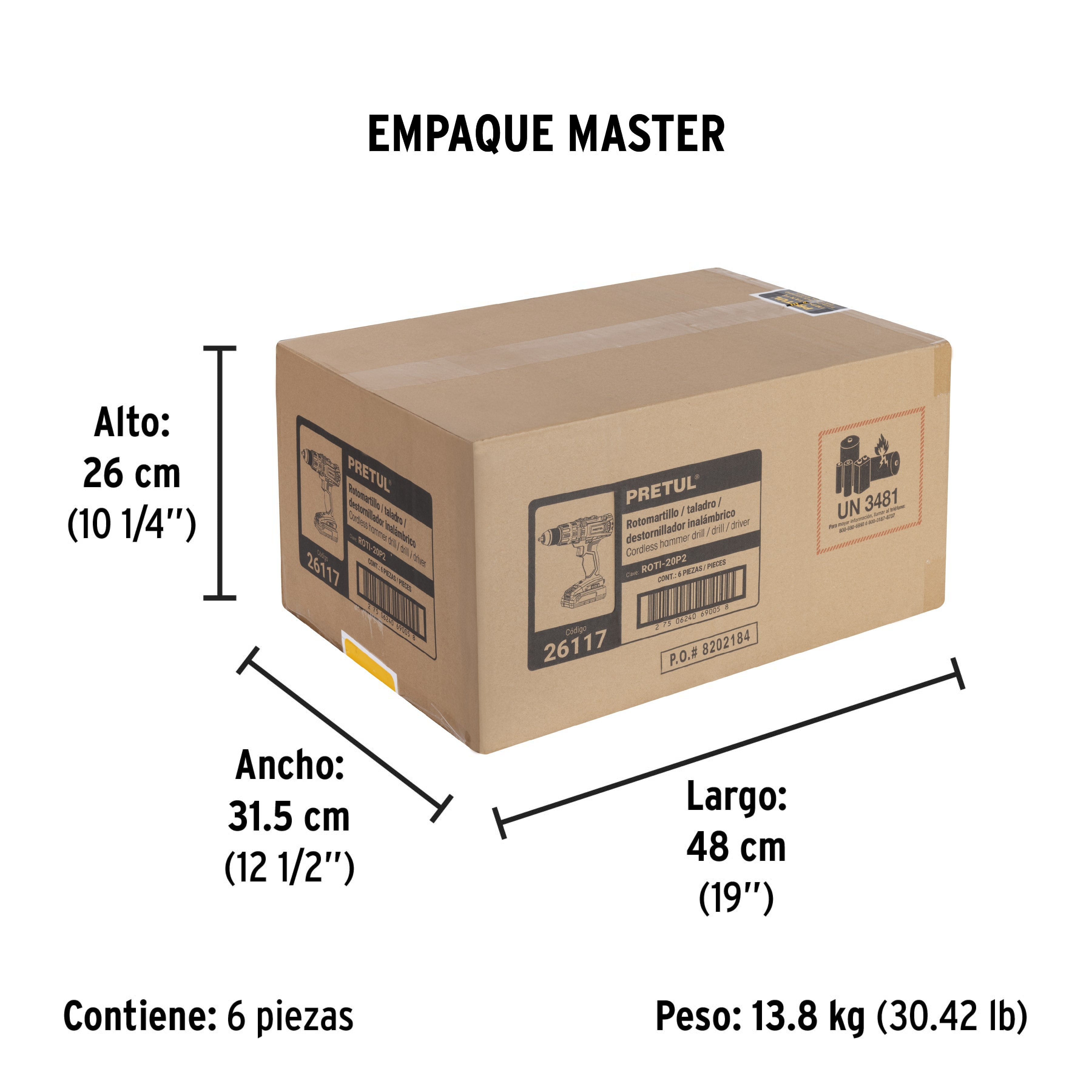 Rotomartillo inalámbrico 1/2',batería ion litio 20V,Pretul