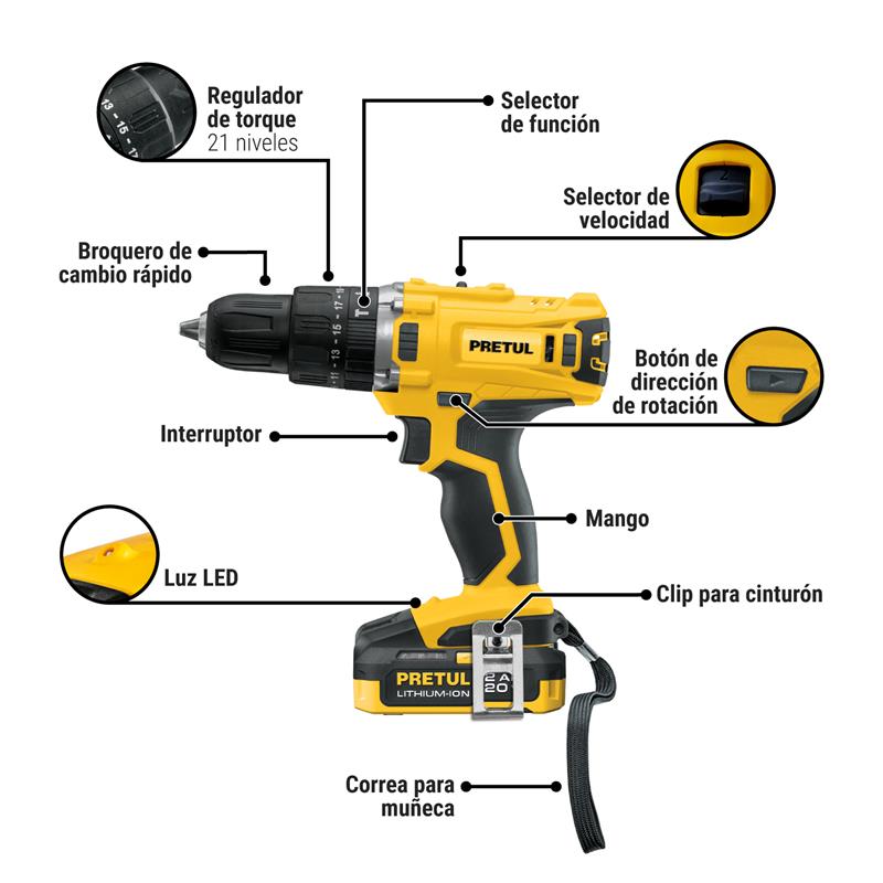 Rotomartillo inalámbrico 1/2',batería ion litio 20V,Pretul