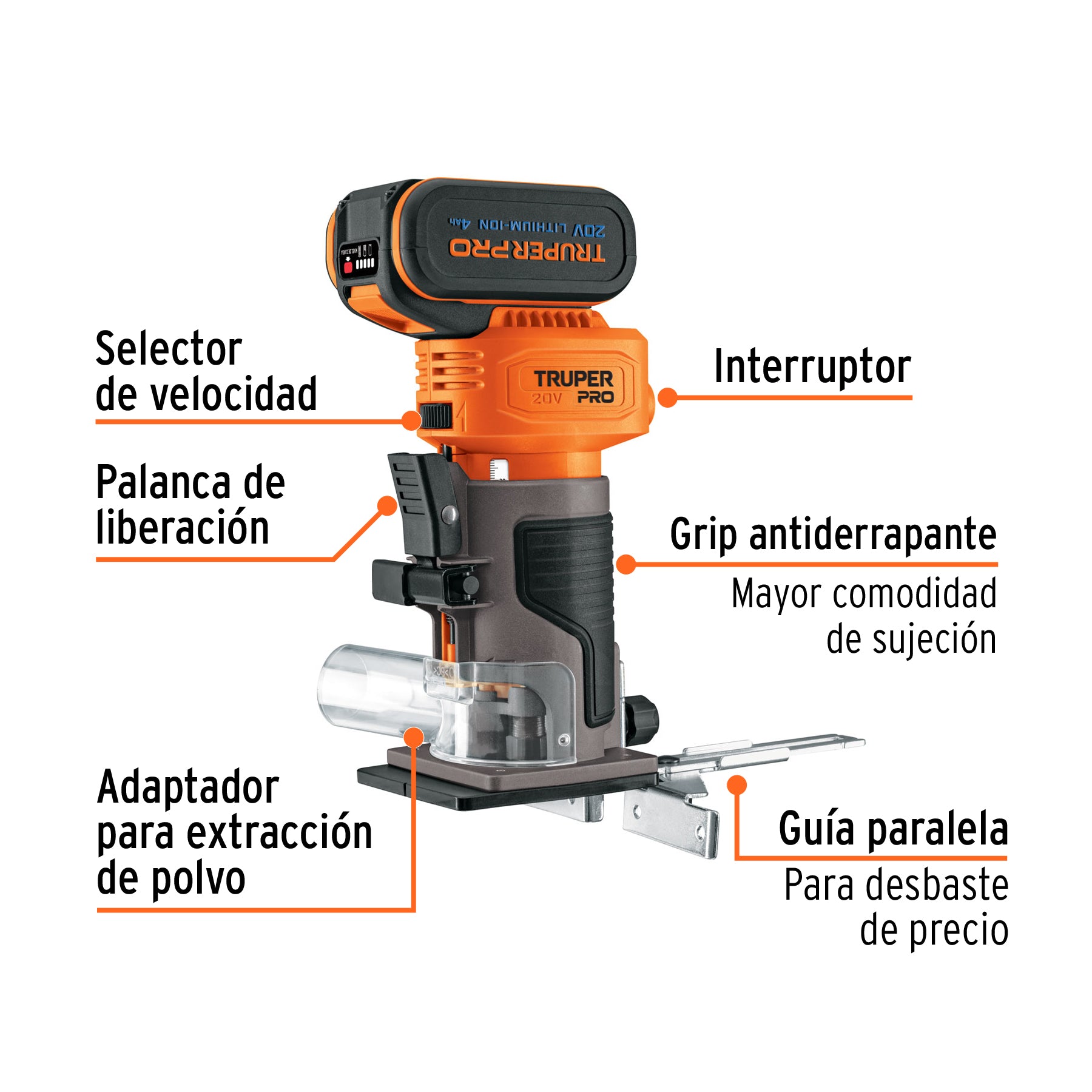 Router inal. 20V, 1 bat. 4Ah, 1 carg. TRUPER PRO