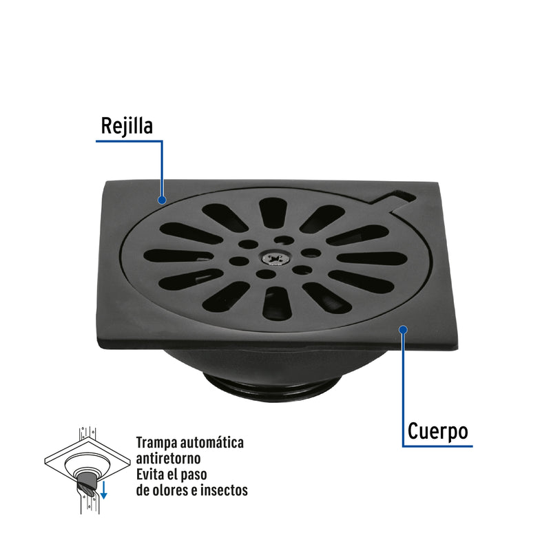 Resumidero cuadrado 4'x 4', latón, negro, Foset Aqua
