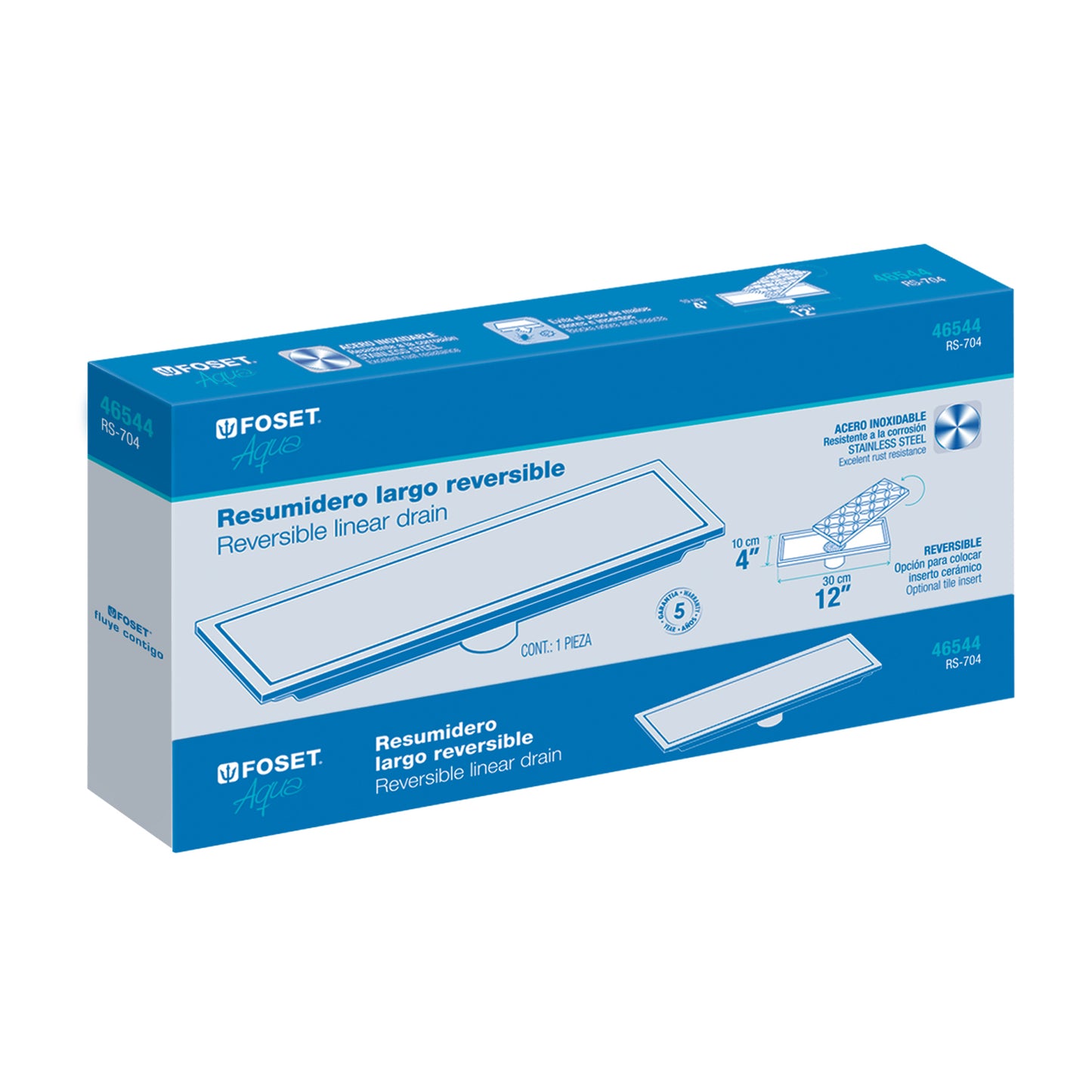 Resumidero largo reversible de 12', acero inox, Aqua