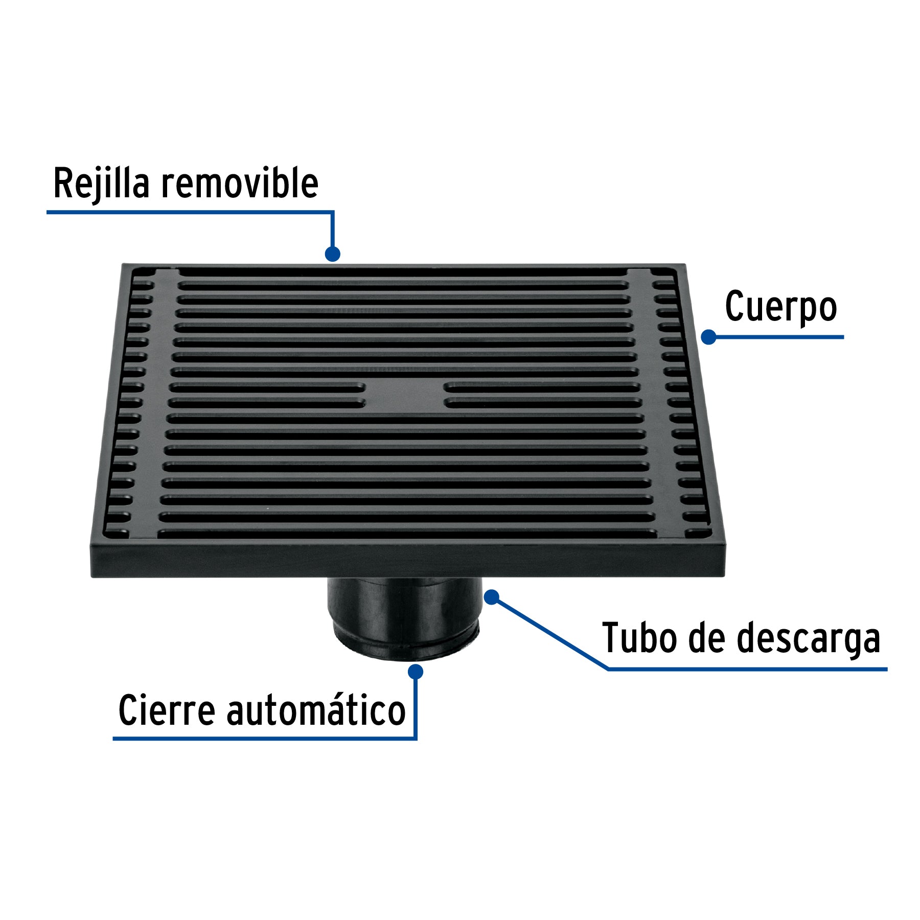 Resumidero cuadrado 6'x 6', latón, negro, Foset Riviera