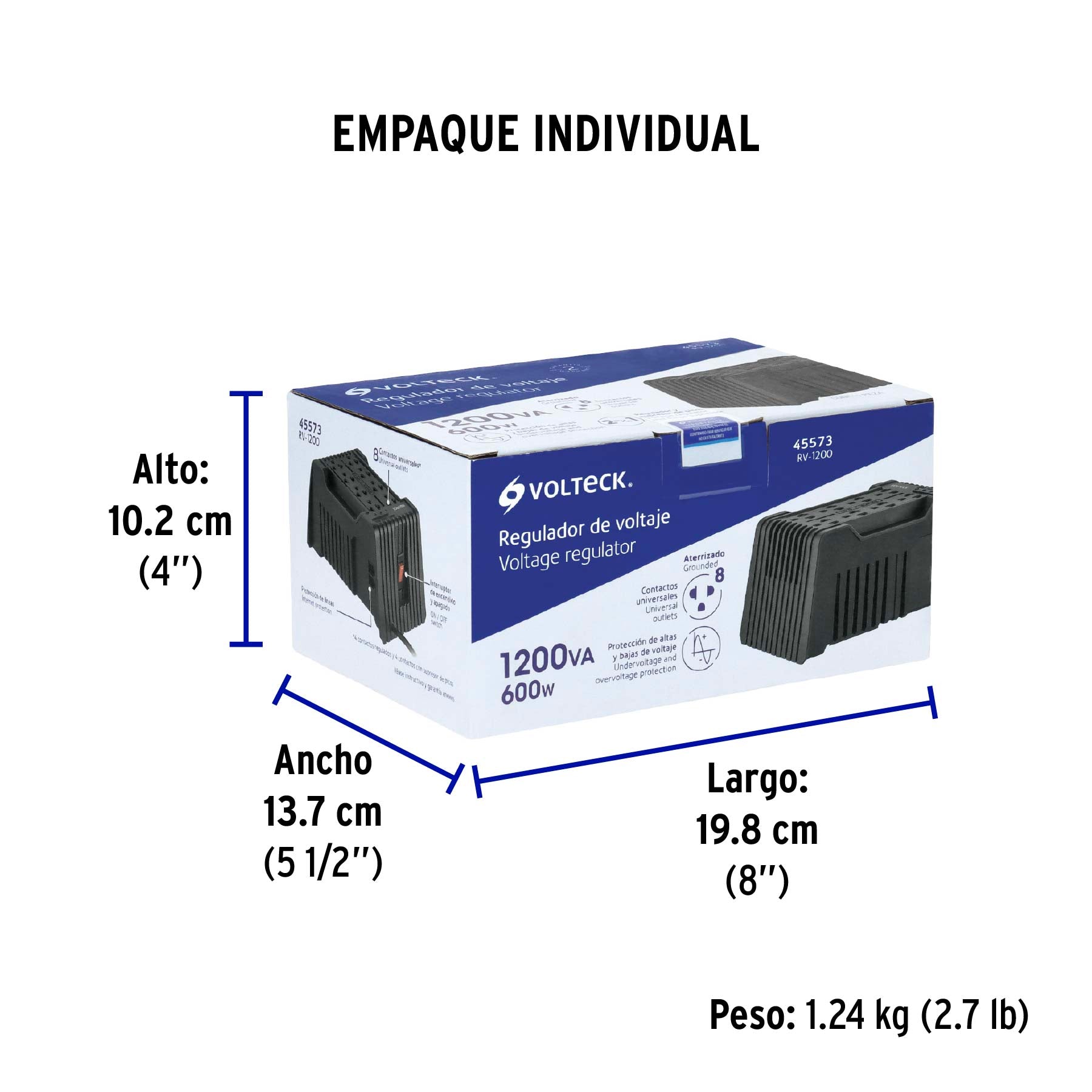Regulador de voltaje de 1200 VA / 600 W 8 contactos, Volteck