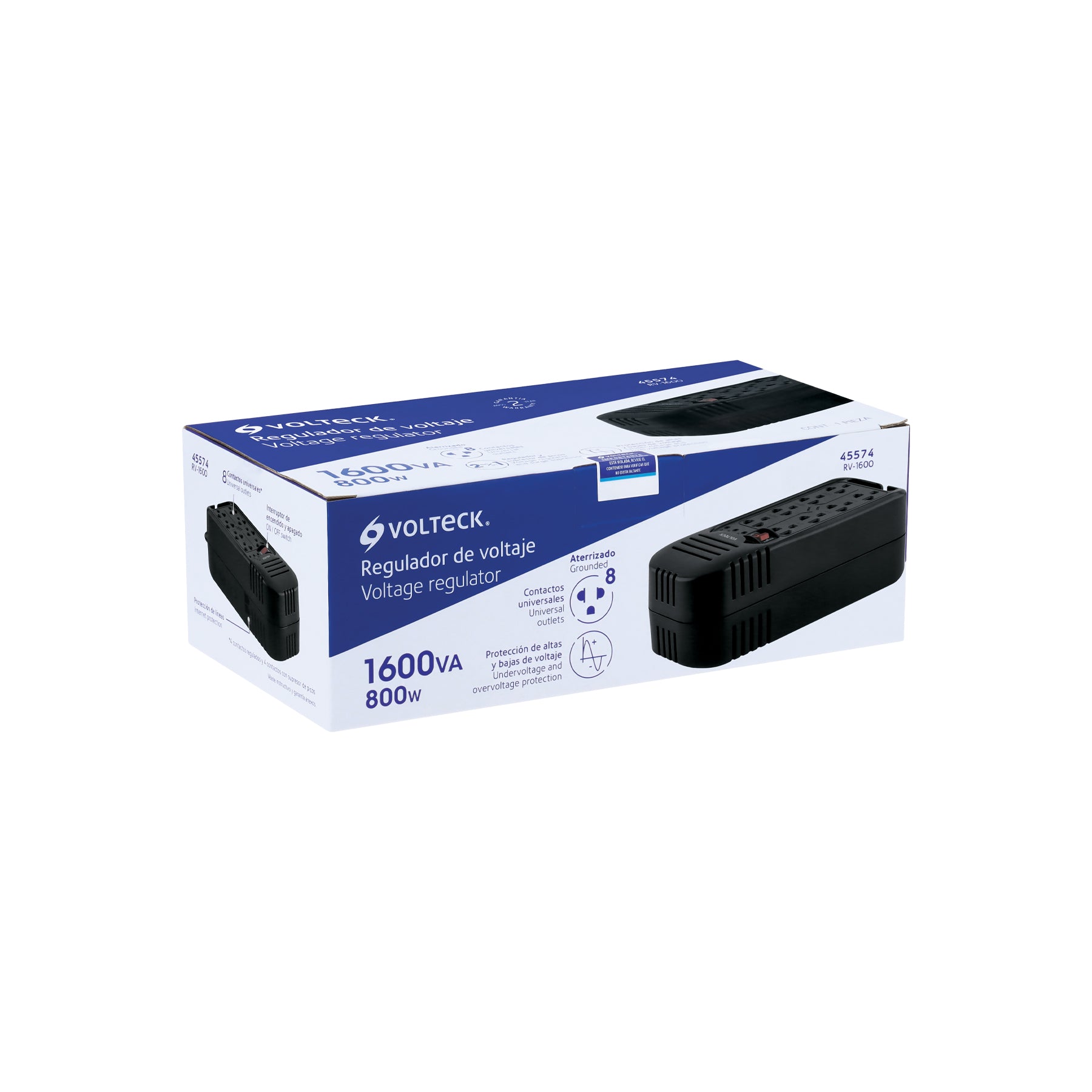 Regulador de voltaje de 1600 VA / 800 W 8 contactos, Volteck