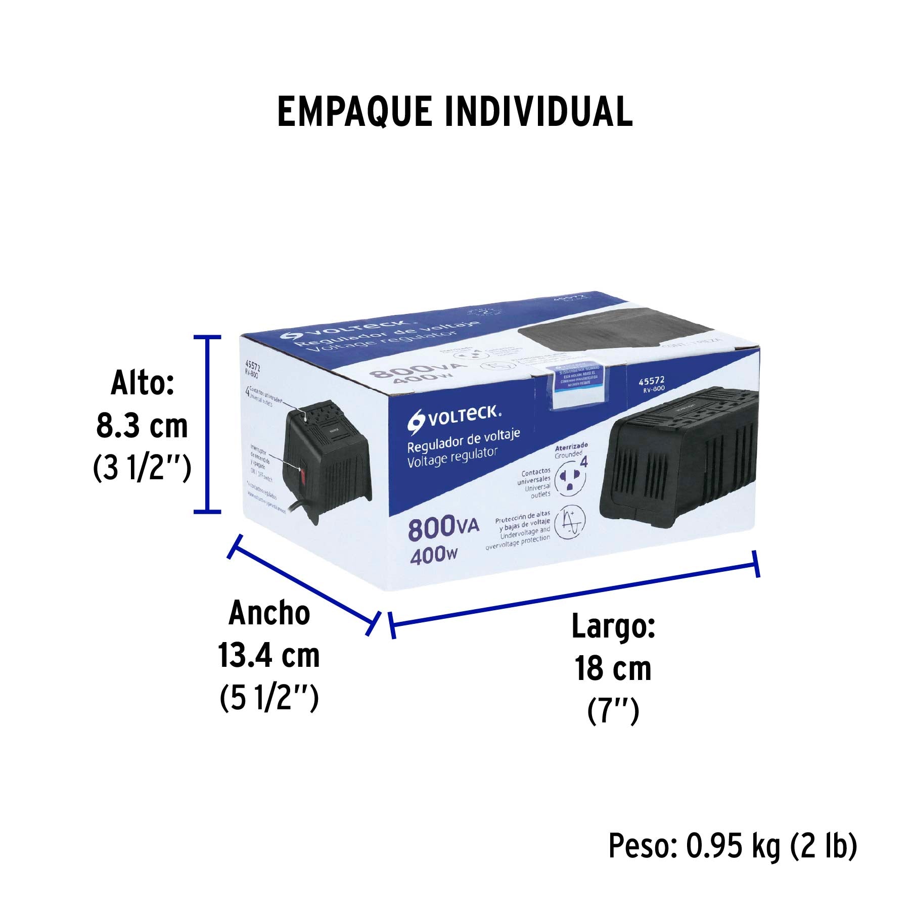 Regulador de voltaje de 800 VA / 400 W 4 contactos, Volteck