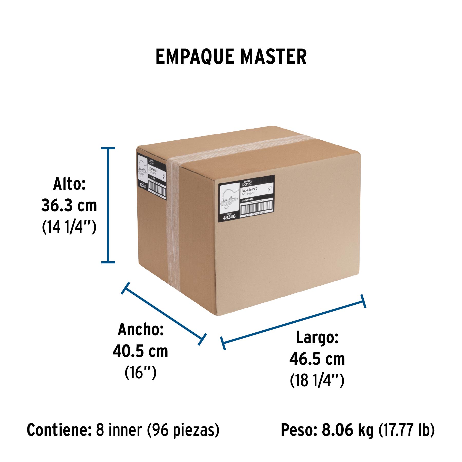 Sapo para WC, PVC azul  con cadena plástica, 2"