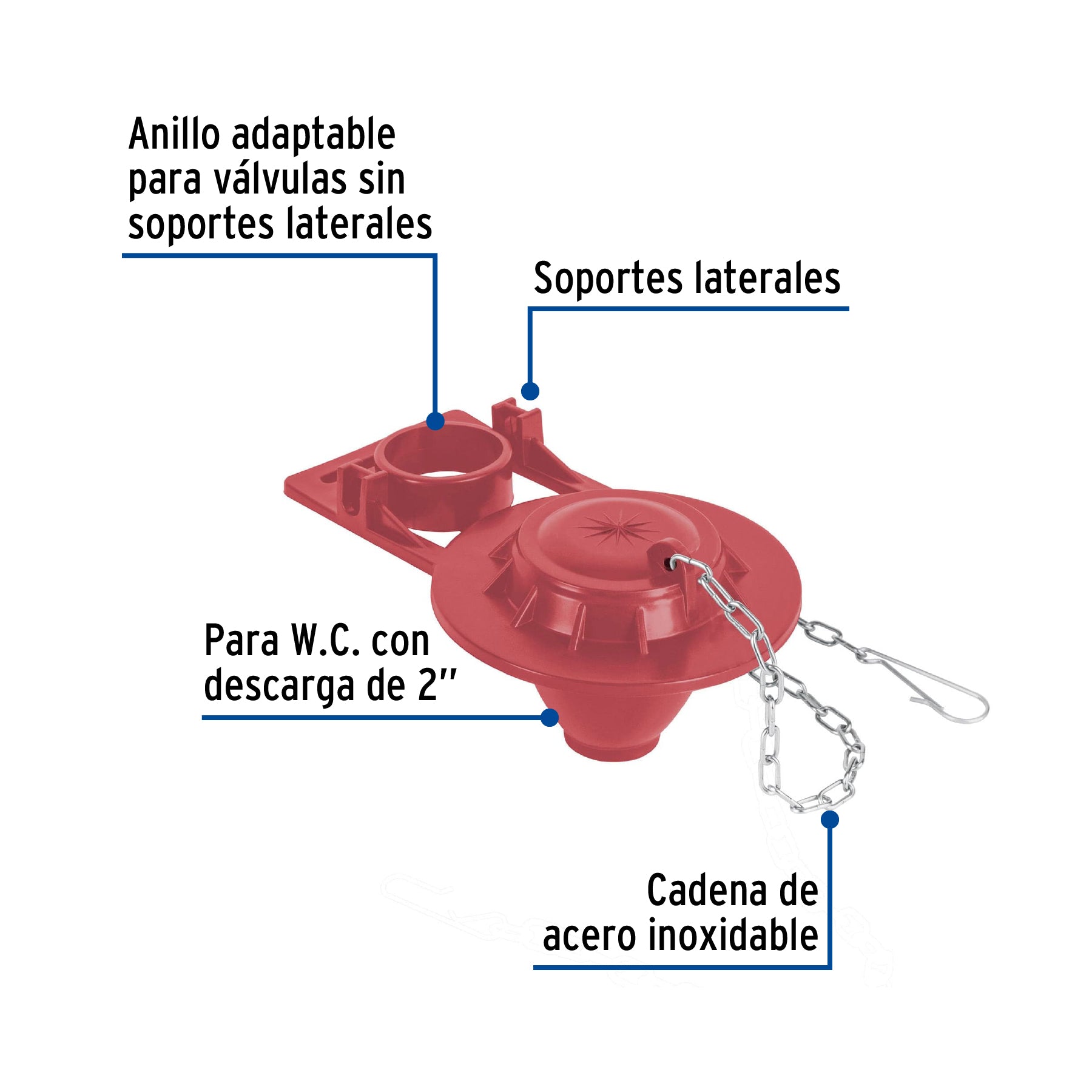 Sapo para WC, silicona azul ajustable, cadena inoxidable, 2"