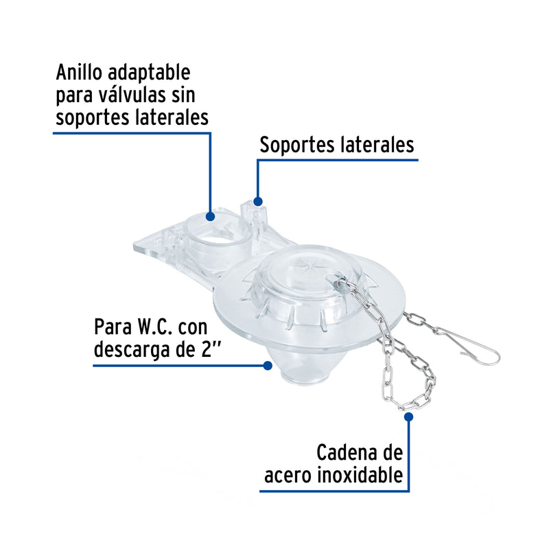 Sapo para WC, PVC transparente con cadena inoxidable, 2"