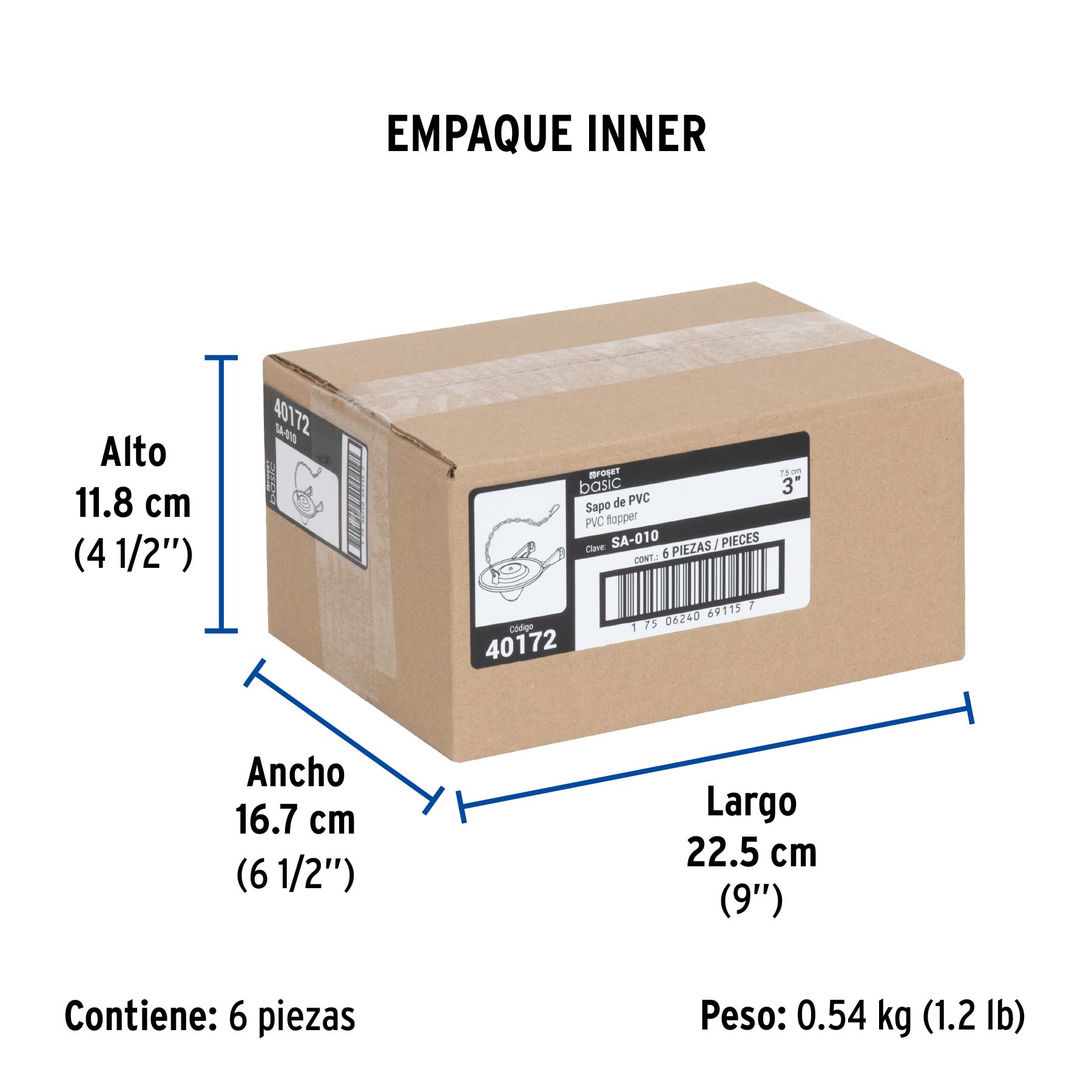 Sapo de 3' de PVC para WC, azul, con cadena de acero inox