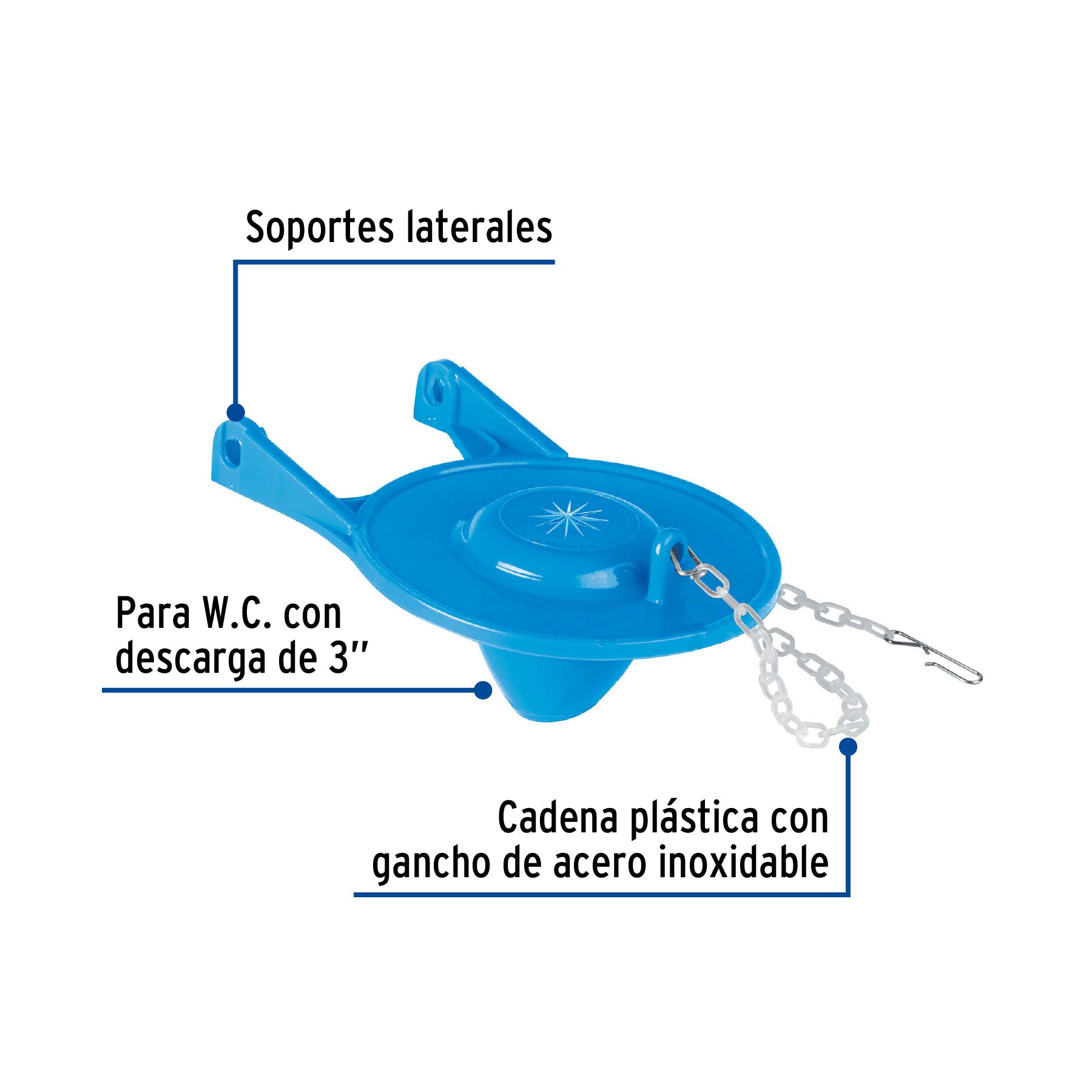 Sapo de 3' de PVC para WC, azul, con cadena de acero inox