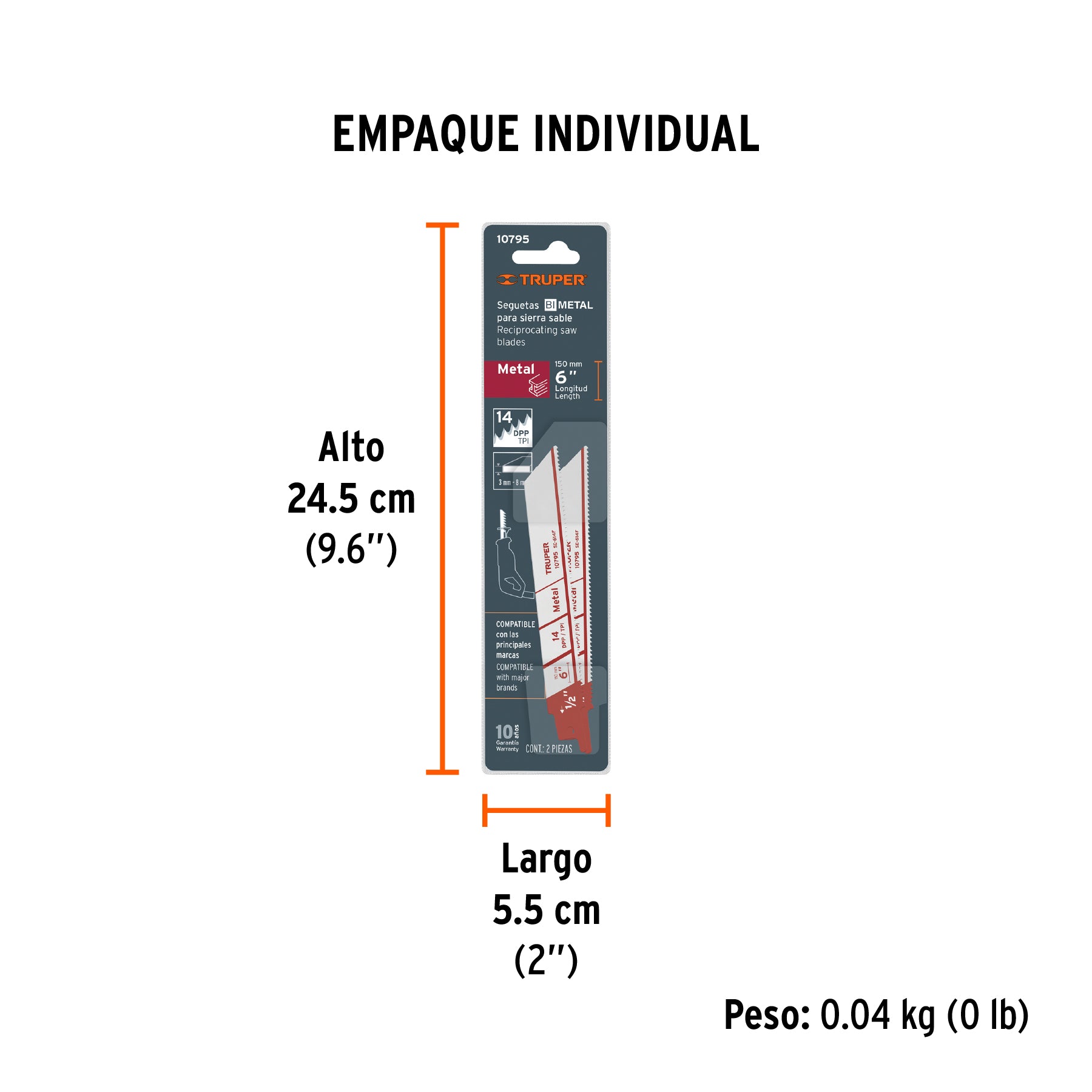 Segueta sierra sable, 6", 14 DPP, recta para metales, 2 pzas