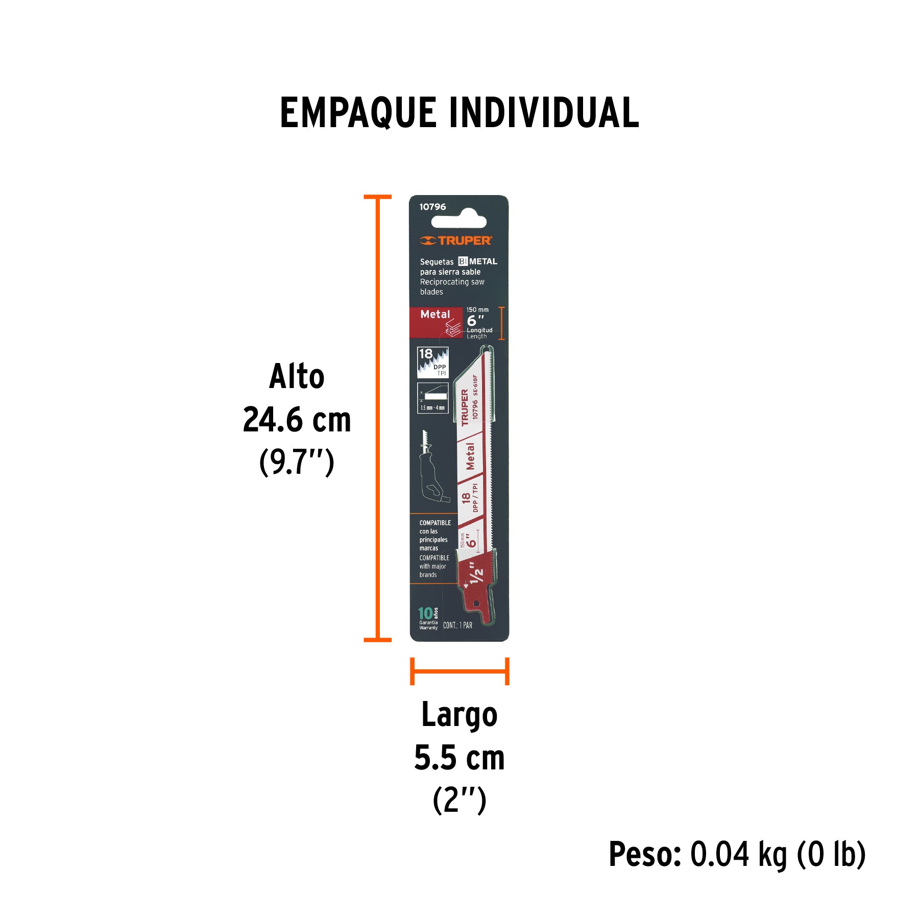 Segueta sierra sable, 6", 18 DPP, recta para metales, 2 pzas