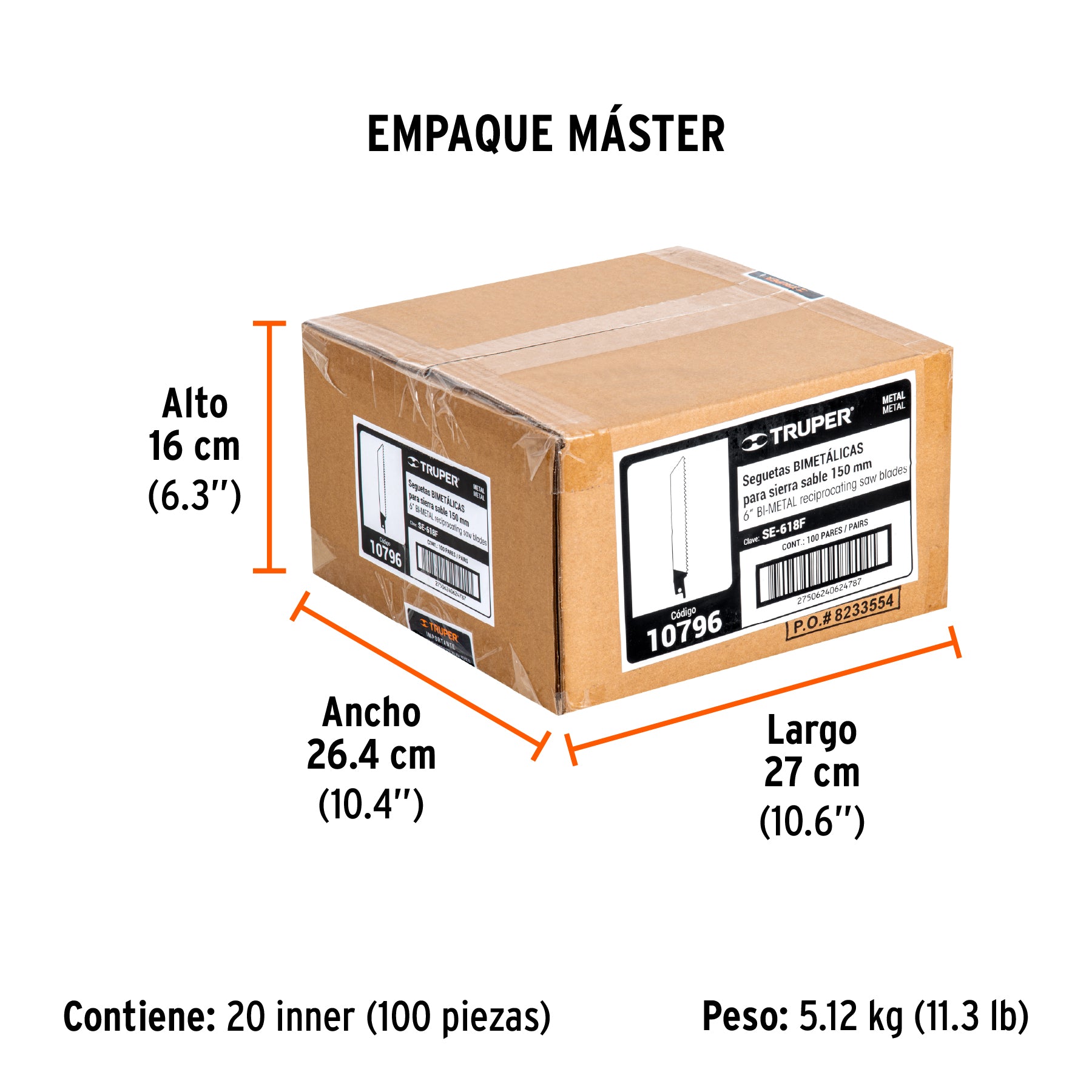 Segueta sierra sable, 6", 18 DPP, recta para metales, 2 pzas